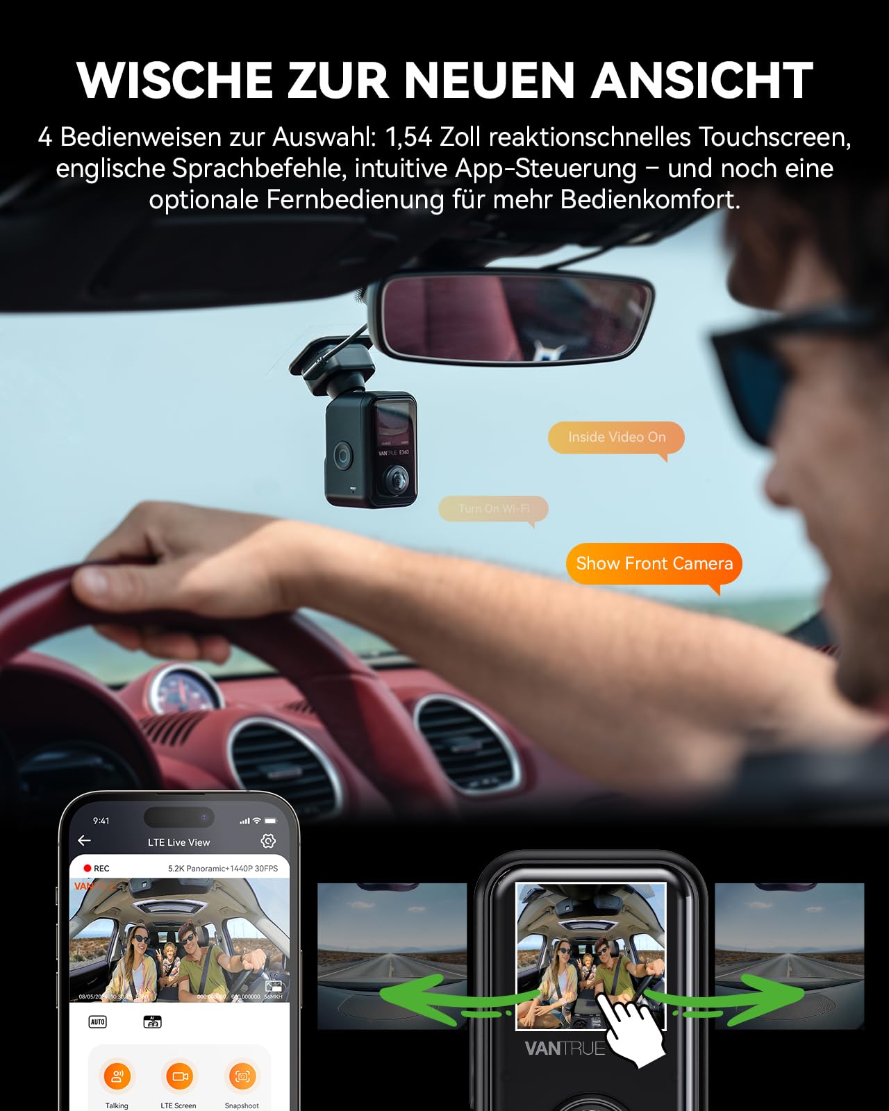 VANTRUE E360 Panorama Dashcam Auto Vorne Innen, 1.54″ Touchscreen | Dual STARVIS 2 HDR Dash Cam, 360° Parküberwachung mit WiFi App, GPS, max. 1TB Erweiterbar (Heckkamera/Tragehalterung)