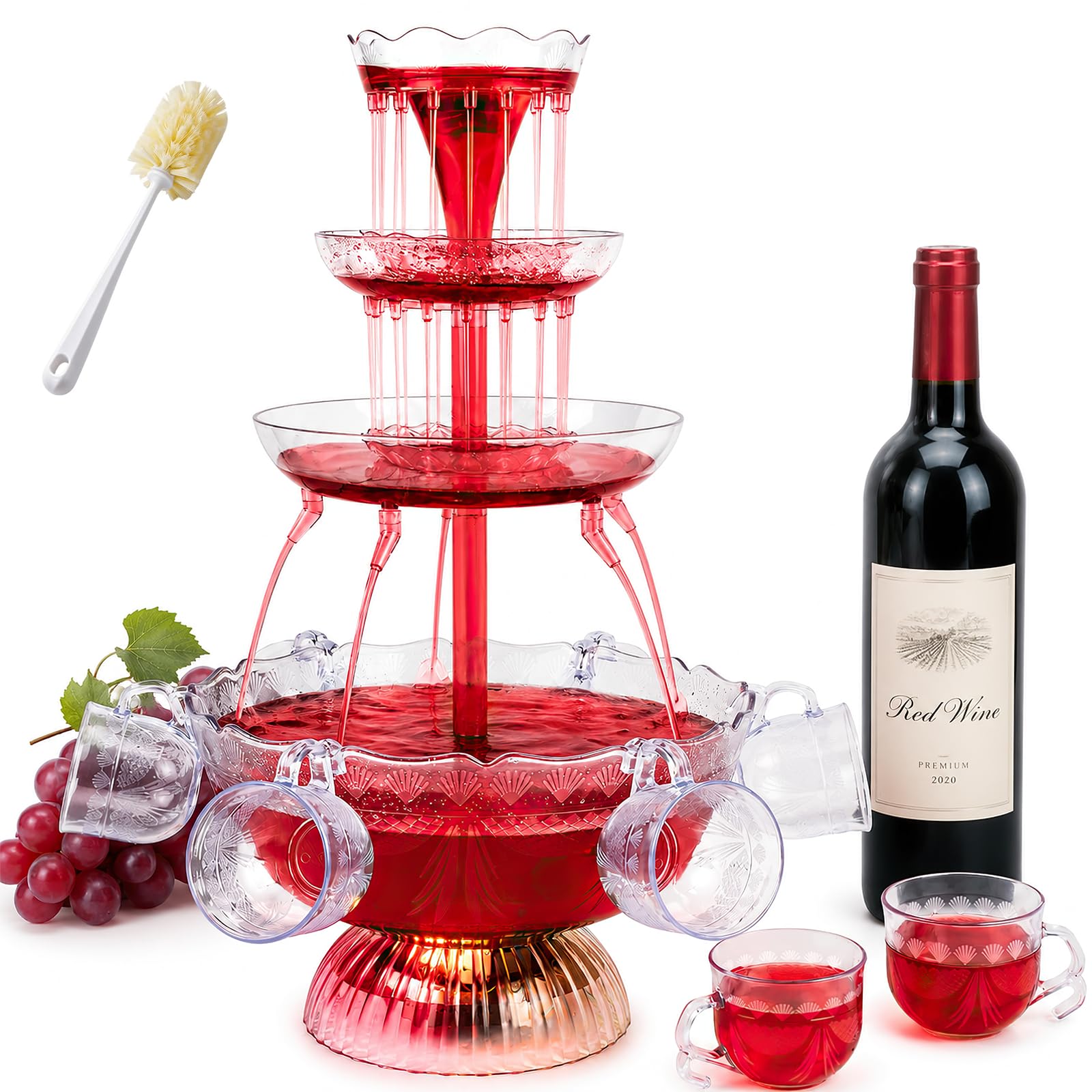 Party Fountain, 3-Tier Cocktail Fountain Clear Wine Machine Luminous Flow Drinks, Includes 5 Reusable Cups, LED Illuminated Base, for Drinking Games Bar Weddings Birthdays Engagement
