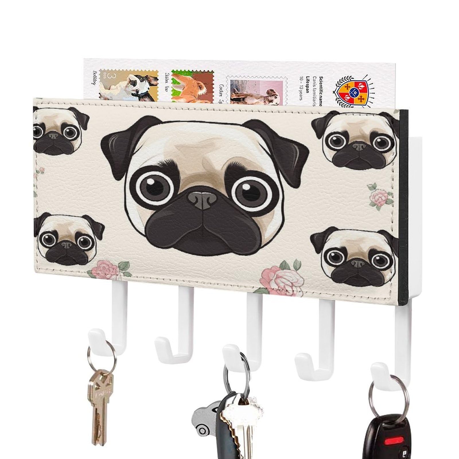 Fekiloot White-Style Line Pug Key Holder Wall Mount Key And Mail Holder Key Hanger With 5 Hooks Decorative Pu Key Rack Hanging Key Hooks For Wall Living Room Kitchen Bathroom Hallway