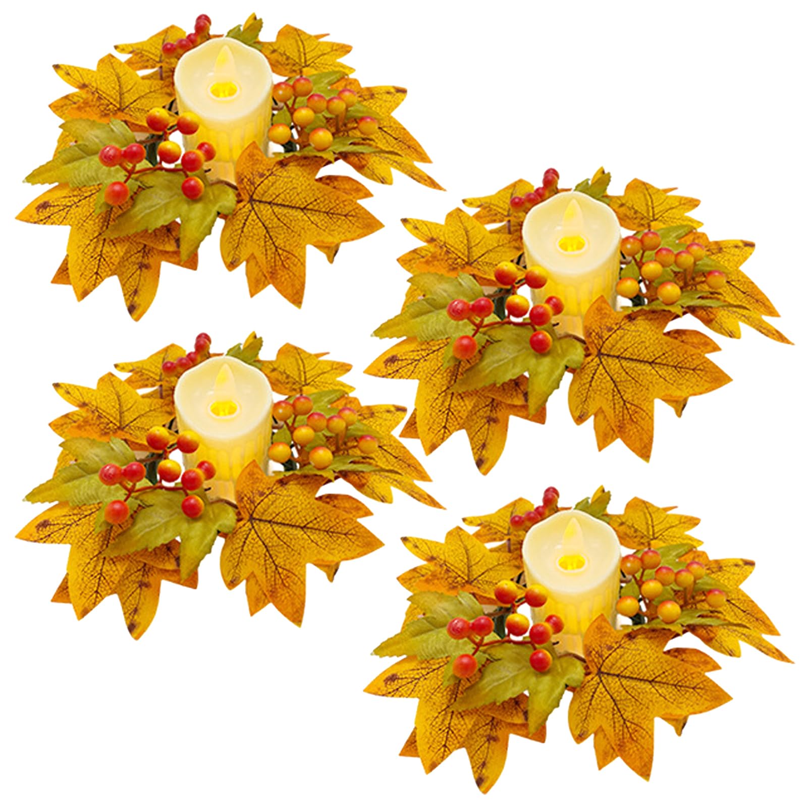 4 Pcs Fall Candle Rings Wreaths Artificial Maple Leaves Candle Holders with Berries Pumpkin Decorative Autumn Garland Candlestick for Farmhouse Fall Thanksgiving Halloween Table Centerpiece Decor(A)