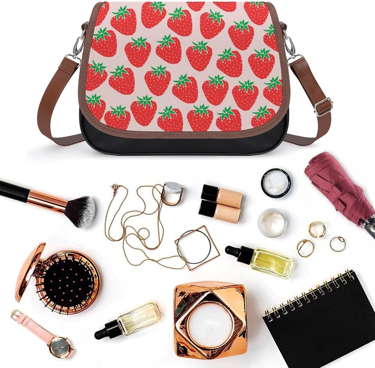 Cute StrawberriesWomen's Faux Leather Crossbody Bag, Waterproof Wrinkle-Resistant Shoulder Bag with Detachable Strap, Large Capacity Casual Handbag, Fashion Daily Purse for Shopping Work Dating, Ideal
