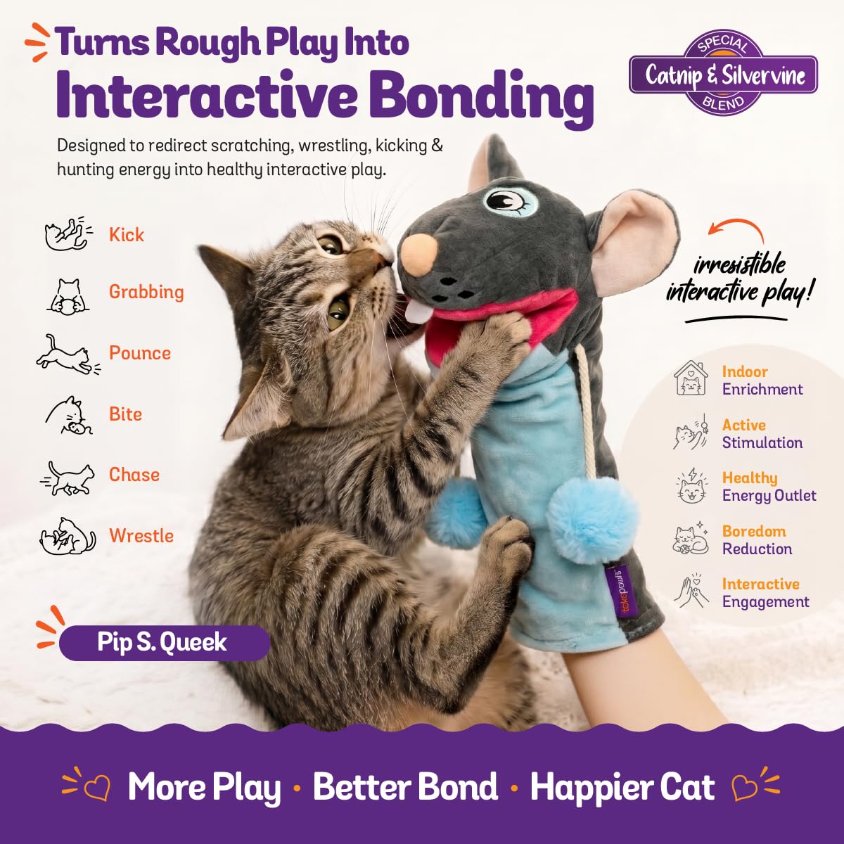 Pounce & Purr Meow Mitt - Juguete portátil para gatos – Manopla de peluche de ratón "Pip S. Queek" con hierba gatera y vid plateada, sonidos arrugados, brazos colgantes y protección de 2 capas para