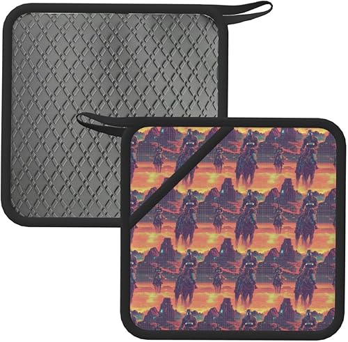 Cyber Retro Western Cowboy Print Pot Holders for Kitchen - 2PCS Silicone Pot Holders with Hanging Loop, Non Slip Oven Hot Pads, Heat Resistant