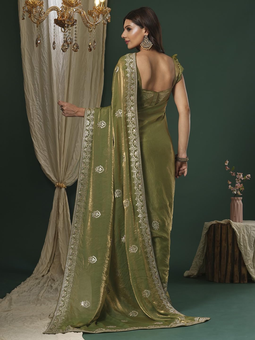 SAREE MALL Women's Bronze Satin Silk Embroidered Saree With Unstitched Blouse (KRIYNS4001_KH) 1