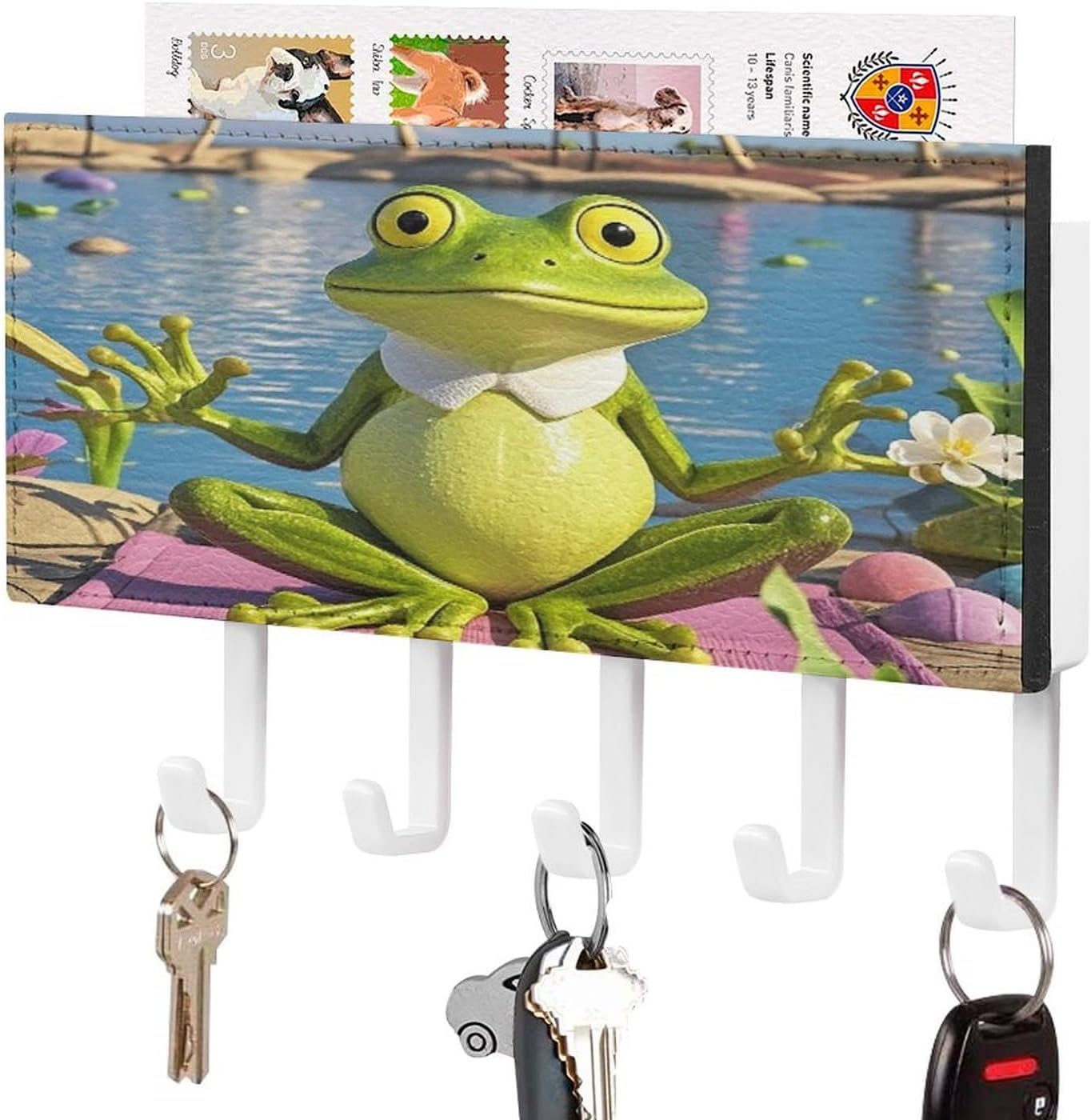 Funny Yoga Frog Key Holder Wall Mount PU Key Rack Decorative Key and Mail Holder Wall Key Organizer with 5 Key Hooks Key Hanger for Entryway Kitchen Living Room Office Doorway Decor White