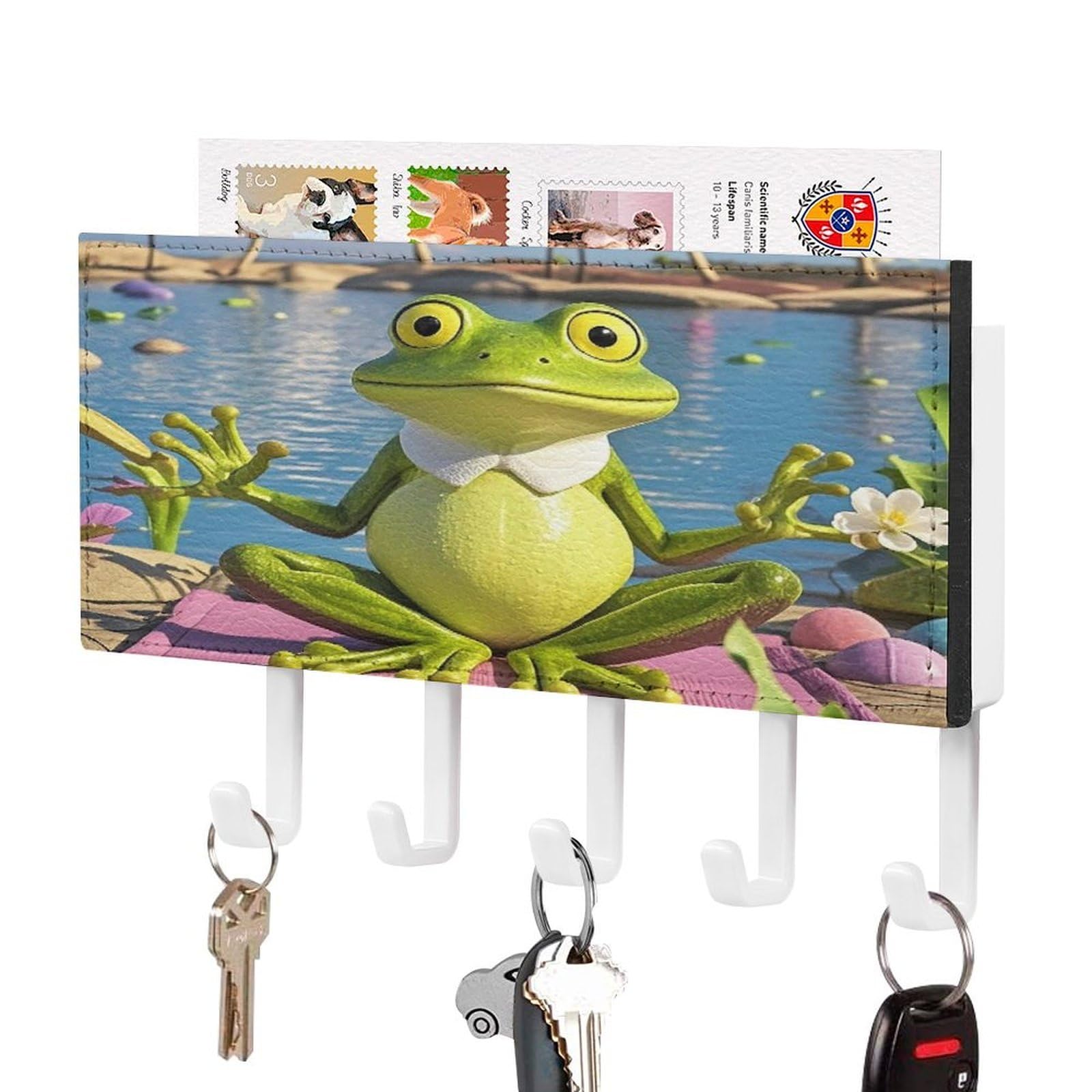 FekiLoot Funny Yoga Frog Key Holder Wall Mount Key Hanger with 5 Hooks Decorative Key Rack Hanging Key Hooks with Mail Organizer Key Holder for Wall Living Room Kitchen Bathroom Hallway White