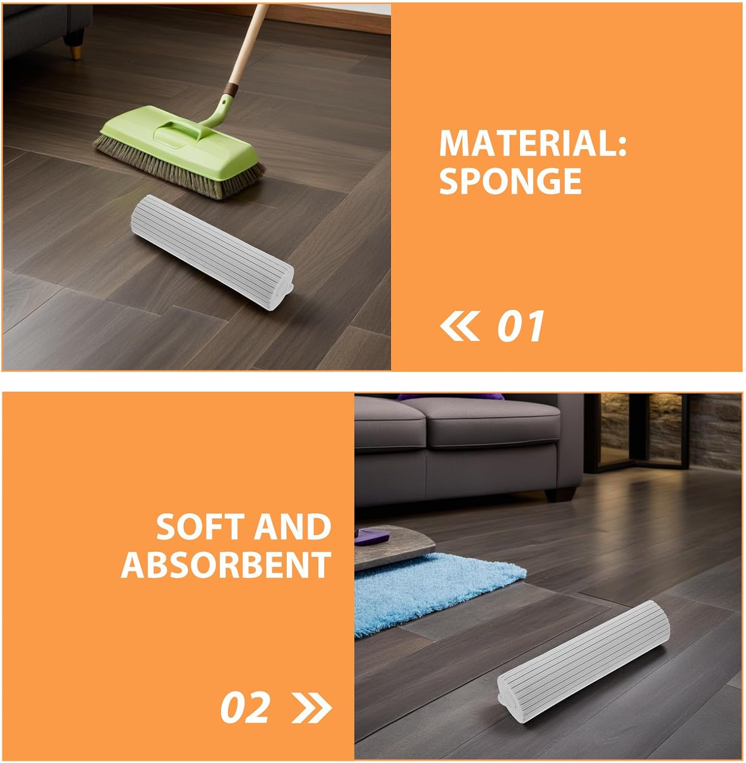 Generic 2pcs Replacement Rolling Mop Head: Absorbent Sponge Mop Refills - Bulk Roller Sponge Head Replacement for Bathroom Kitchen Garage Tile Floor Commercial Cleaning