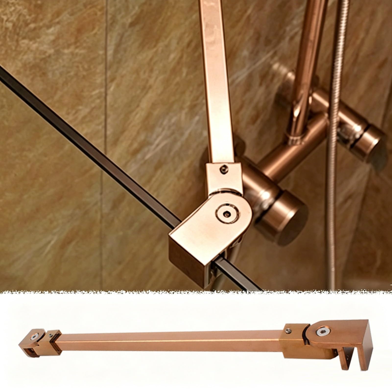 Barra de soporte para puerta de ducha sin marco, barra de soporte de panel fijo de pared a vidrio para puertas de 1/4 a 3/8 pulgadas, barras de refuerzo decorativas pivotantes de 360° (oro rosa