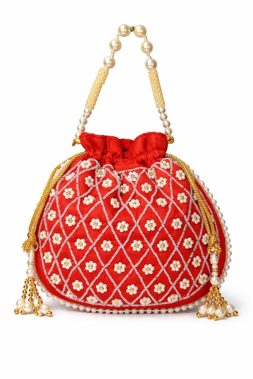 Potli Bag Carrot Red Matka Design for Women Ethnic Wristlet Traditional Accessory for Ghaghra Choli Sharara Sarees Round Shaped Handbag-image-7