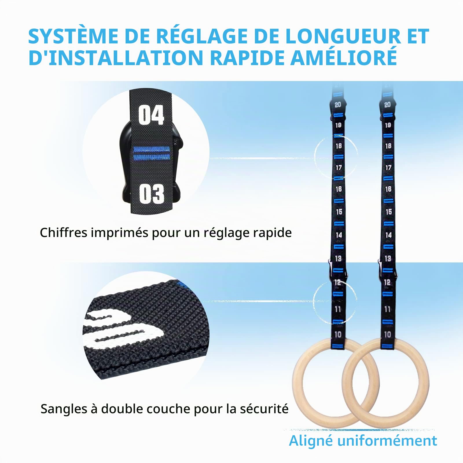 Anneaux de gymnastique en bois avec sangles numérotées réglables. Anneaux olympiques de 3,2 cm pour entraînement de base, crossfit, entraînement au poids du corps. Anneaux de gym à domicile