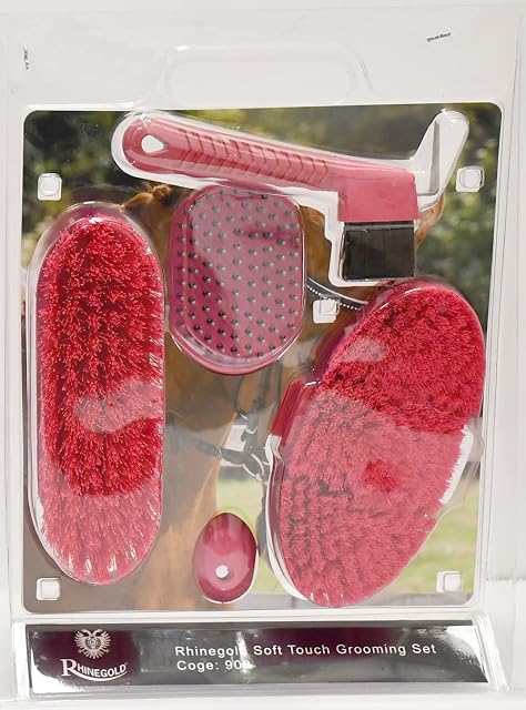 Rhinegold Juego de cepillos de aseo de caballos de tacto suave, rosa