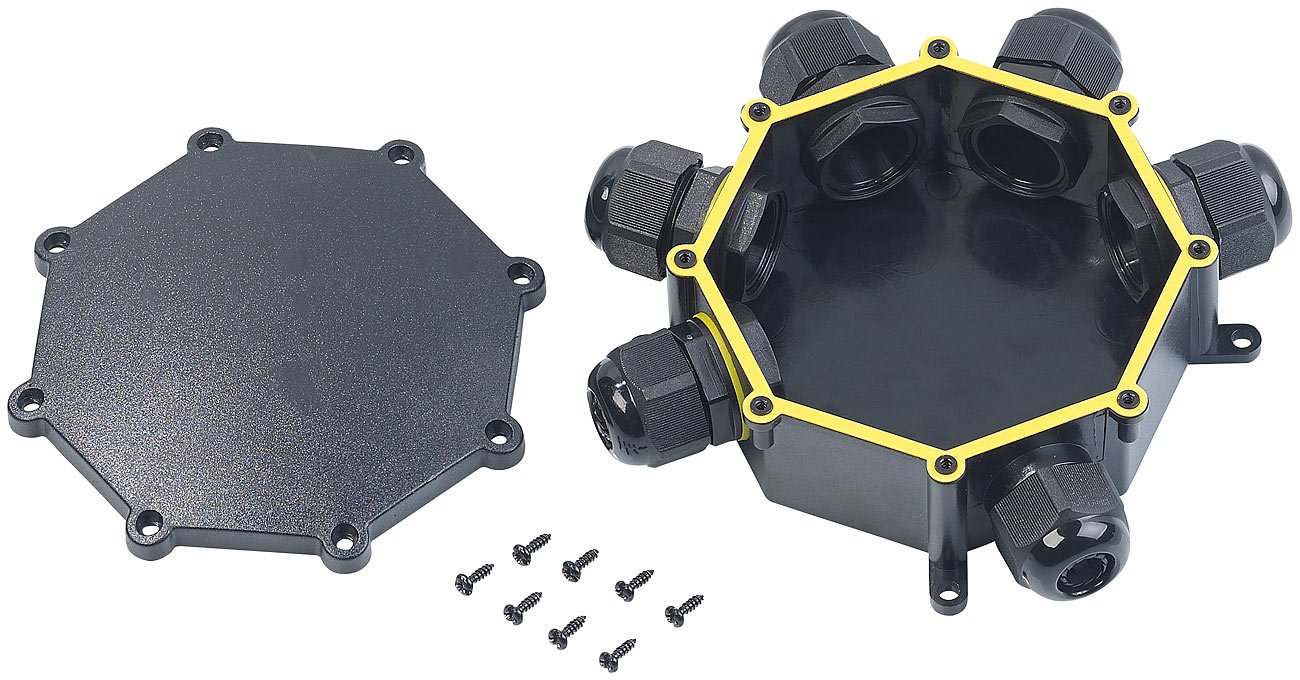 revolt Verteiler wasserdicht: 4er-Set Outdoor-Kabel-Verbindungsbox, 6-Fach, Kabel bis Ø 14 mm, IP68 (Abzweigdose wasserdicht, Kabelverbinder)