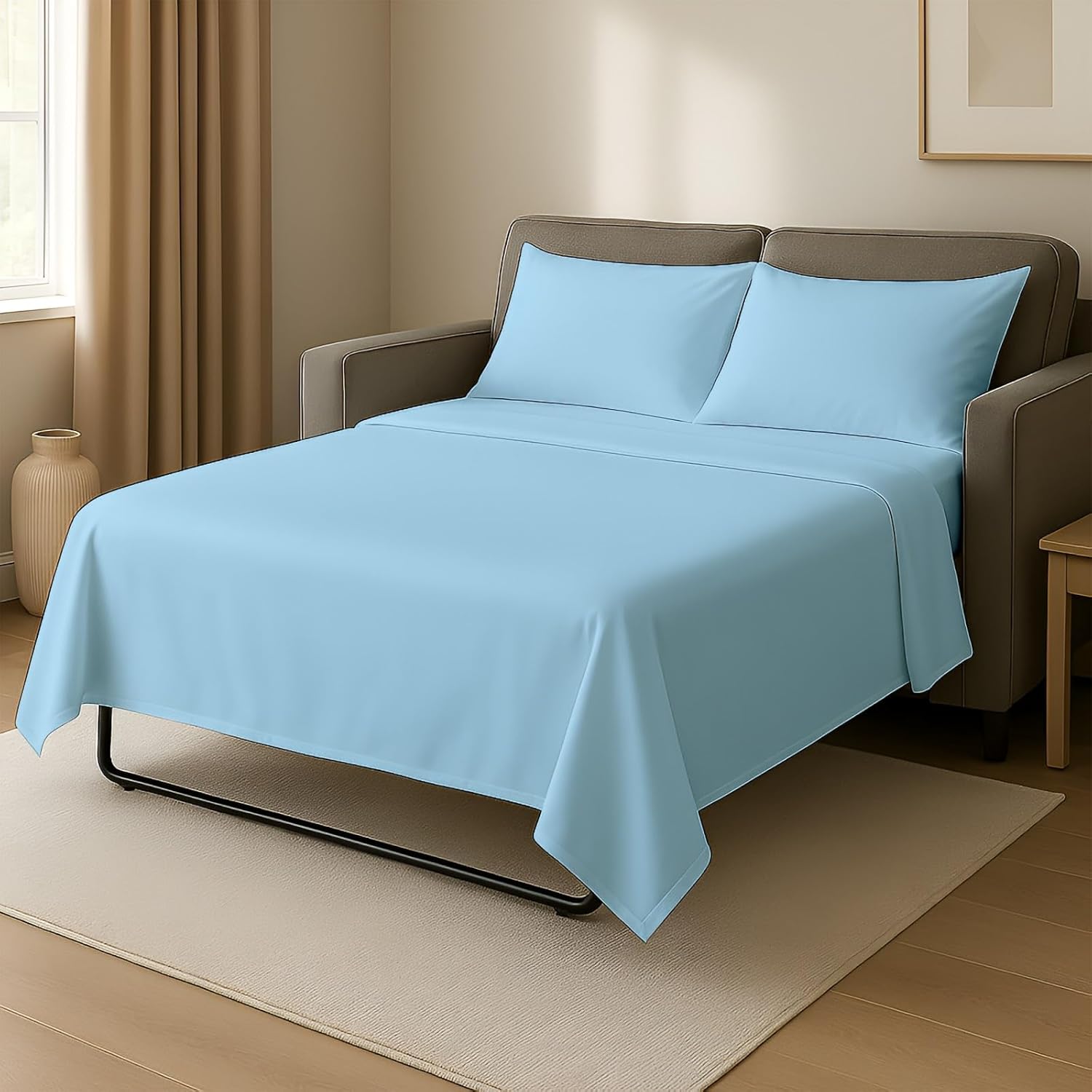 Cottingon Sleeper Sofa Bed Sheet Set, 4 Pcs Queen 6'' Drop, Light Blue, Brushed Microfiber Polyester