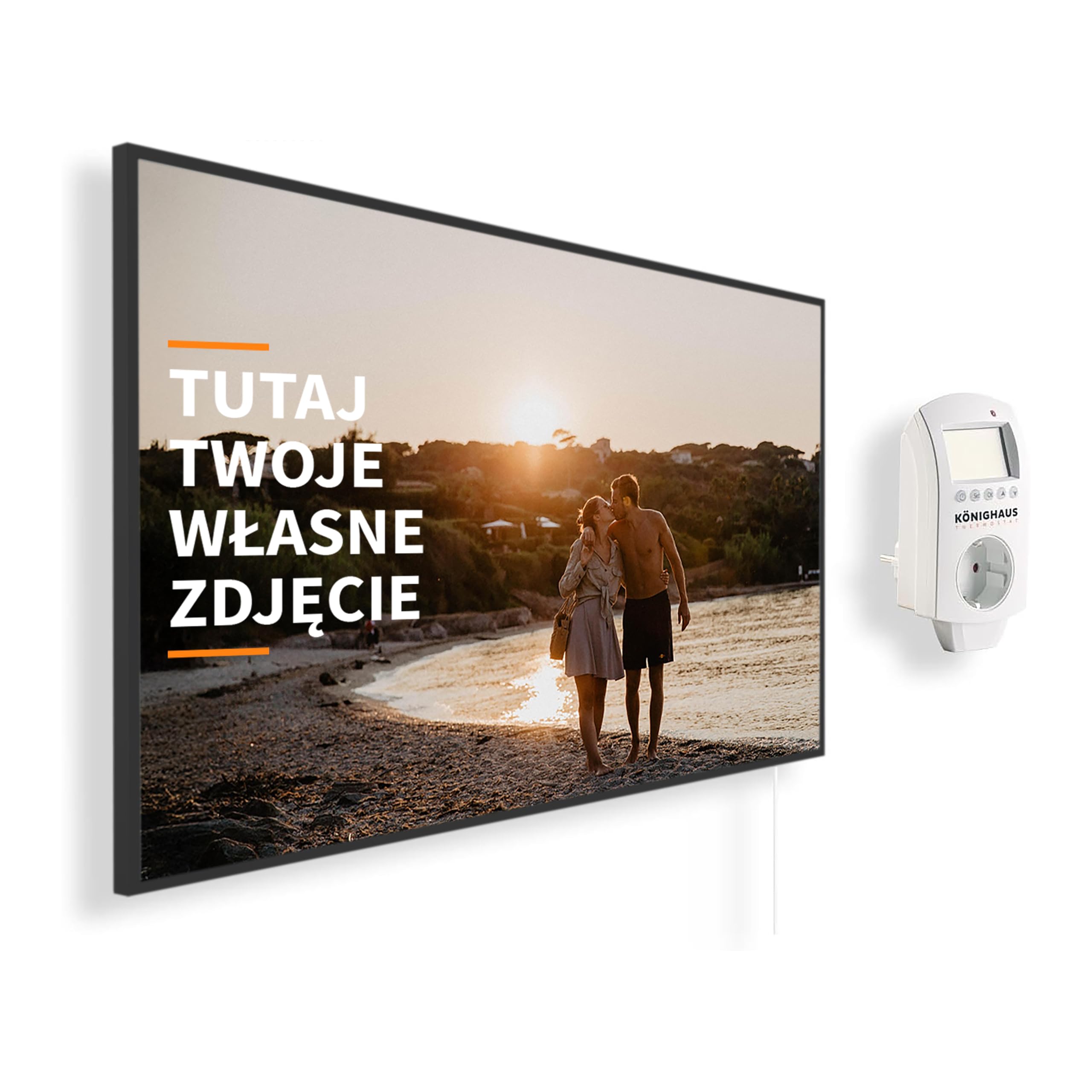 Könighaus Grzejnik na podczerwień z własnym obrazem, 5 lat gwarancji – wyprodukowany w Niemczech (możliwość wgrania własnego motywu) (600W - czarna rama) – z termostatem