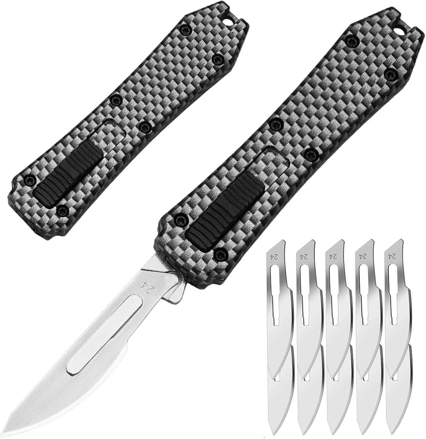 Cuchillo multiusos, automático con botón pulsador, cúter retráctil con 10 cuchillas n.° 24, cuchillo multiusos de bolsillo (A 04)
