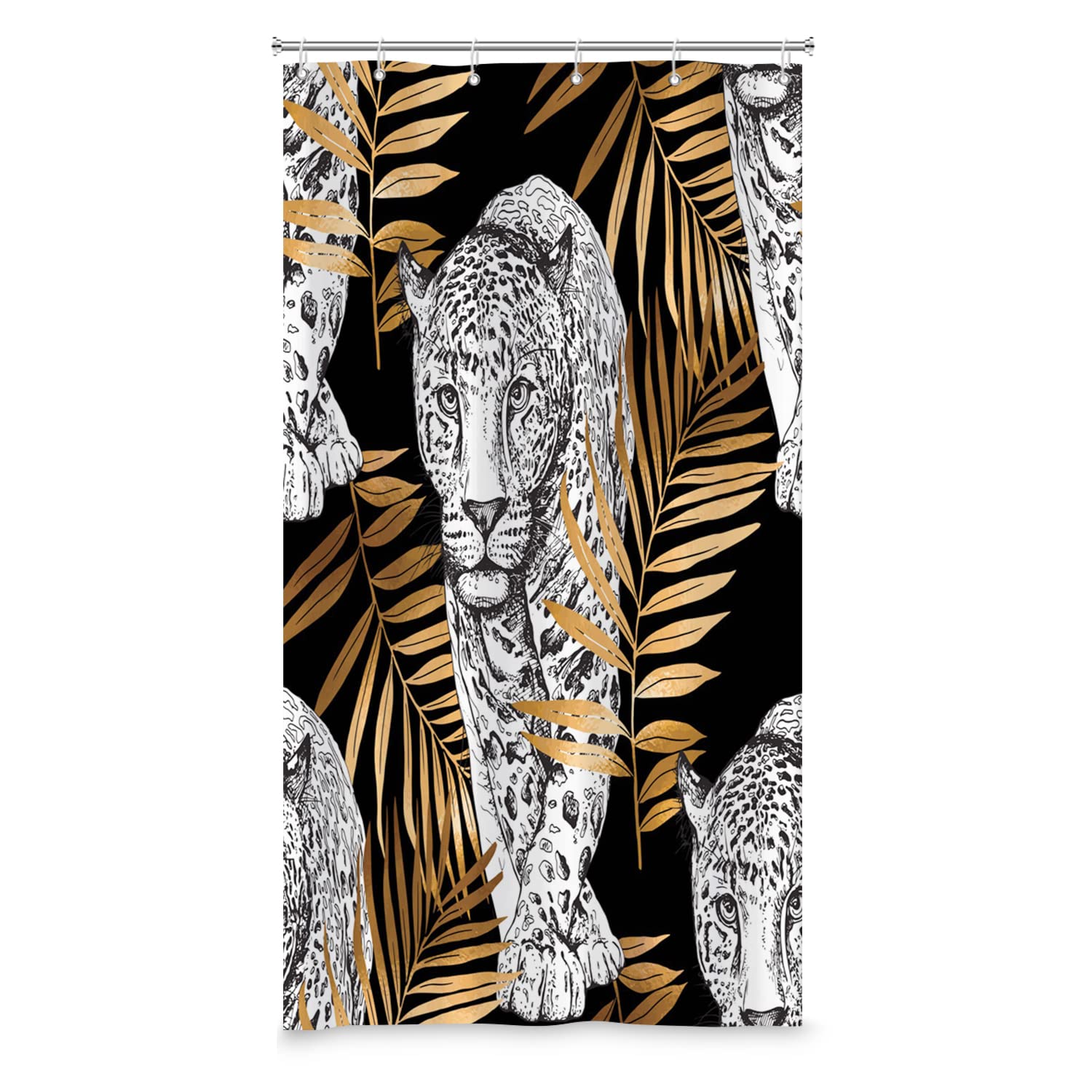 SDOTPMT 90x180cm African Safari Leopard Shower Curtain Fierce Wild Animal Black Bathtub Curtain Wildlife Themed Gold Leaves Print Bath Curtain for Boys Bathroom Decor Polyester Fabric with Hooks