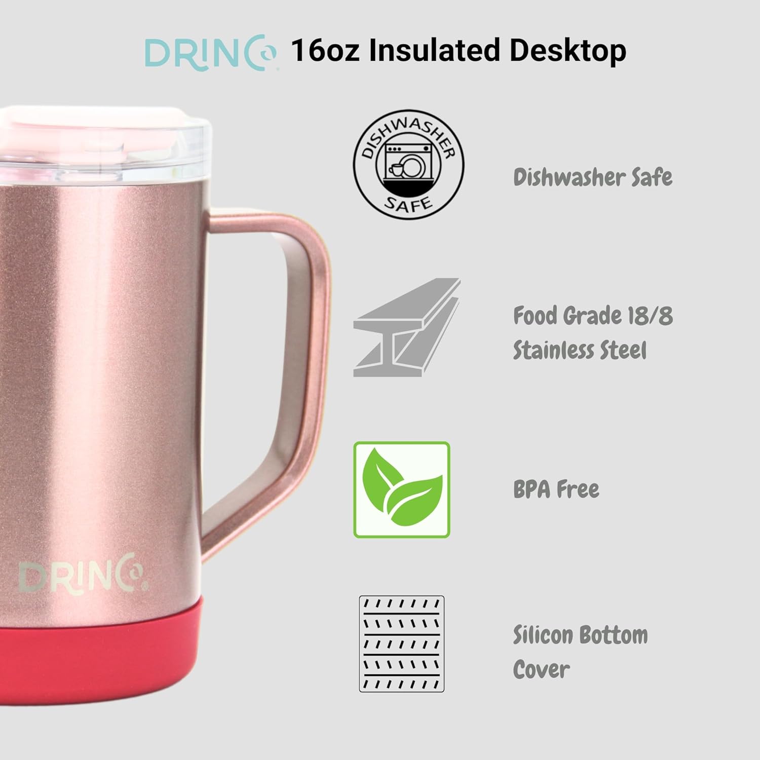 Drinco 16 oz Coffee Mug, Vacuum Insulated Camping Mug with Lid, Double Wall Stainless Steel Travel Mug Insulated Tumblers Coffee Mugs Coffee Cups Tea Cup (16oz Bling Rose Gold) - Image 6
