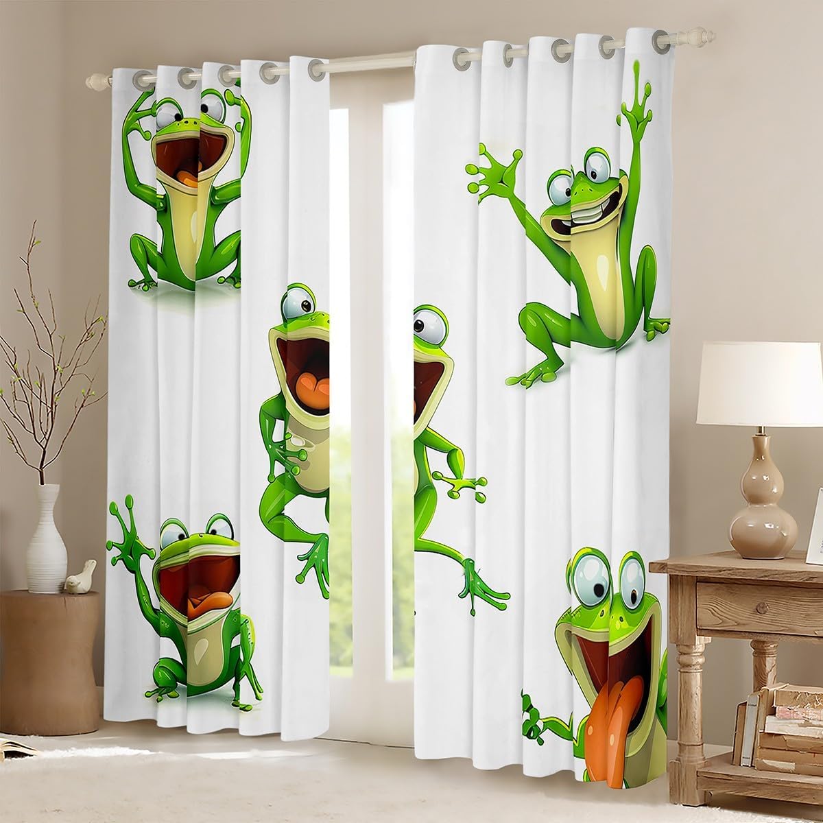 Feelyou Kawaii Decor Frog Darkening Dreapes Cartoon Animal Theme Curtains for Bedroom Living Room Kids Nature Blackout Curtains Funny Cartoon Frog Window Treatments 2 Panels, 42 x 90 Inch image 2