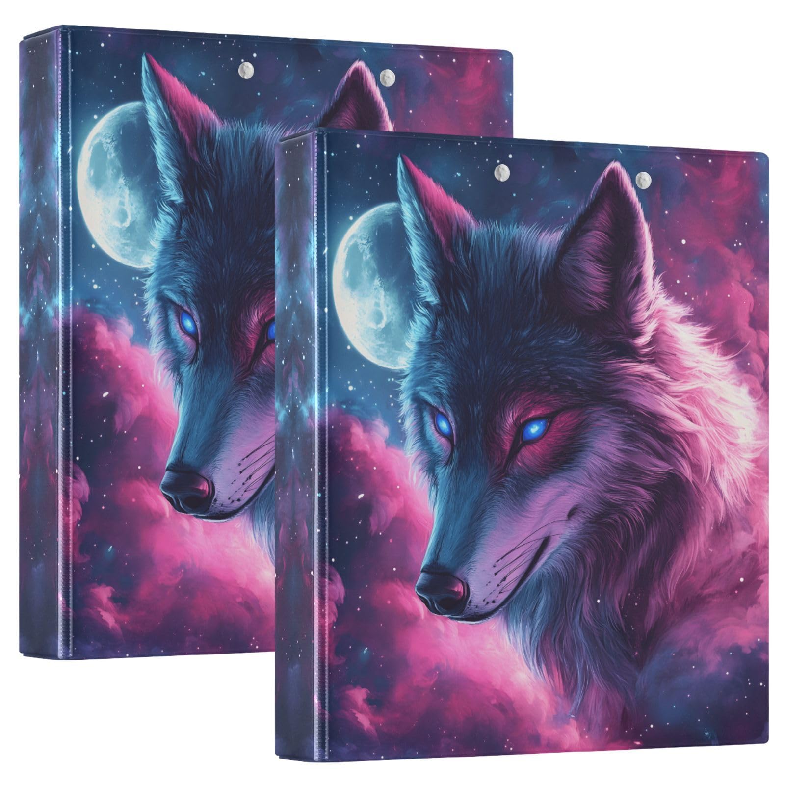Confezione da 2 raccoglitori a 3 anelli, con lupo, galassia, stella, luna, 3,8 cm, con 3 tasche trasparenti, portablocco e contiene 200 fogli, per ufficio, scuola, organizzazione domestica
