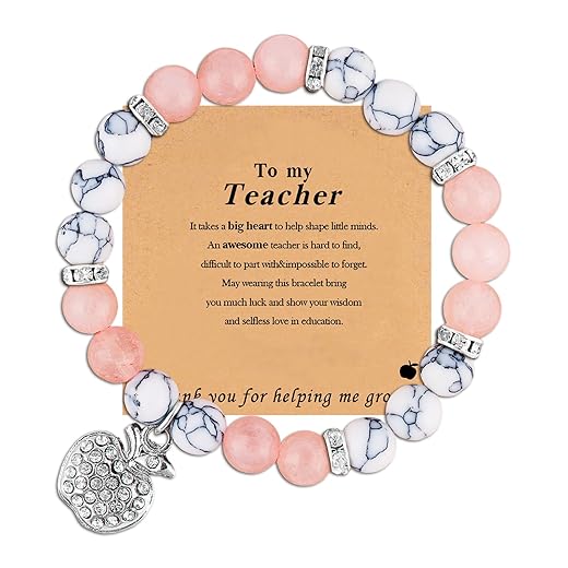 VICKHU Teacher appreciation gifts,Natural Stone teacher Bracelet gifts for women,thank you gifts for teacher meaningful gifts for women with gift message card (apple-white)