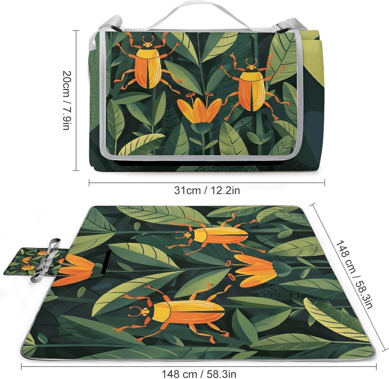 Outdoor Picnic Blanket Extra Large Beach Blanket Waterproof Picnic Mat Gold Beetle Pattern Camping Blanket Portable with Carry Strap Park Blanket for Grass Camping Park