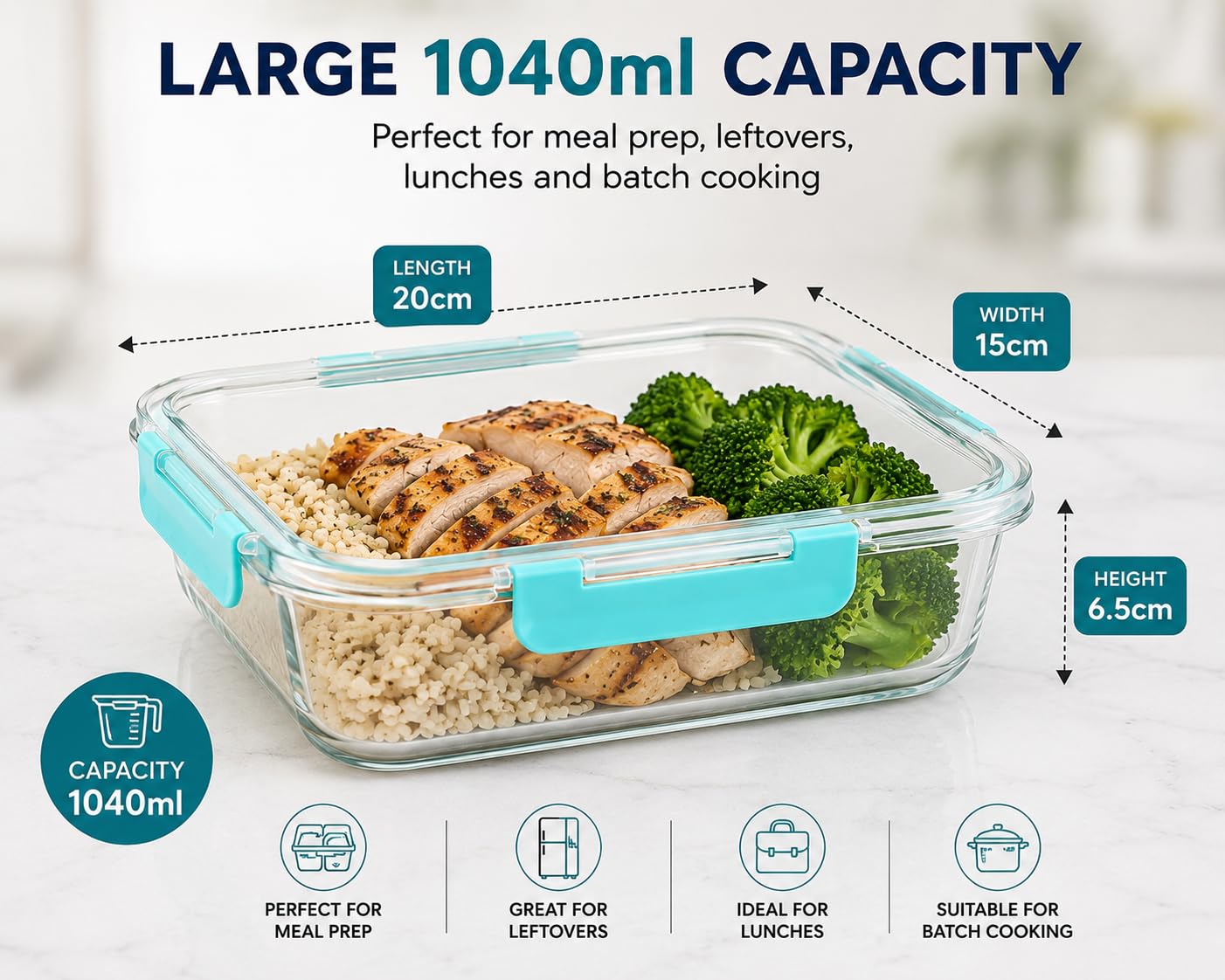 Confezione da 4 contenitori in vetro per la preparazione dei pasti con coperchio, 1040 ml, grandi contenitori per alimenti in vetro, ermetici, senza BPA, adatti a microonde, congelatore e