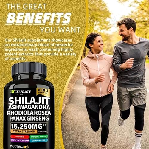 Miniatura 4 de Complejo Shilajit 8 en 1 extra fuerte 15,250 mg con Ashwagandha, Rhodiola Rosea, Panax Ginseng, Cordyceps, cúrcuma, Ginkgo Biloba y energía de