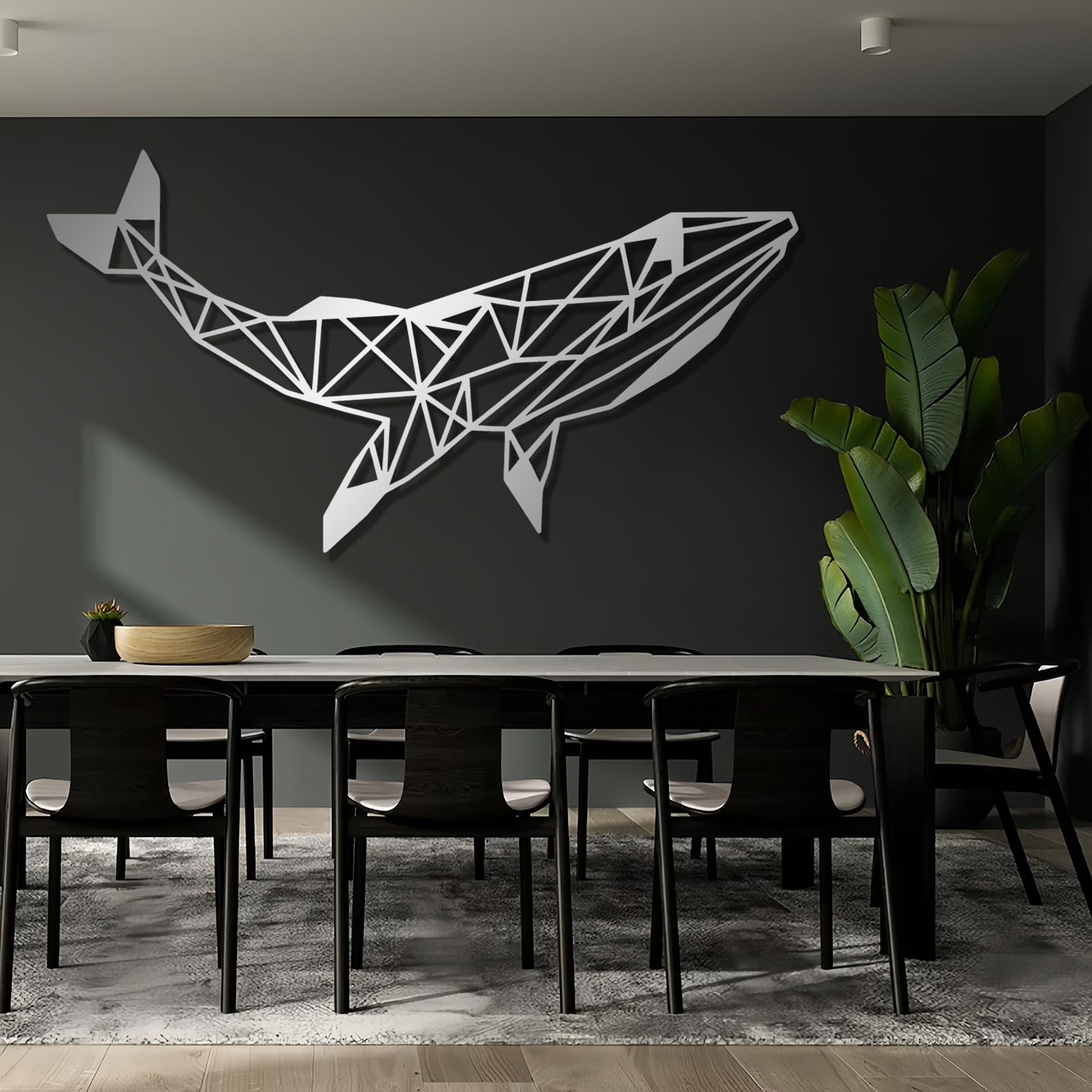 Współczesna abstrakcyjna metalowa dekoracja ścienna dekoracja wieloryba, duży design, geometryczna łazienka morska prezent dla miłośników morza (41 x 76 cm, srebrna)