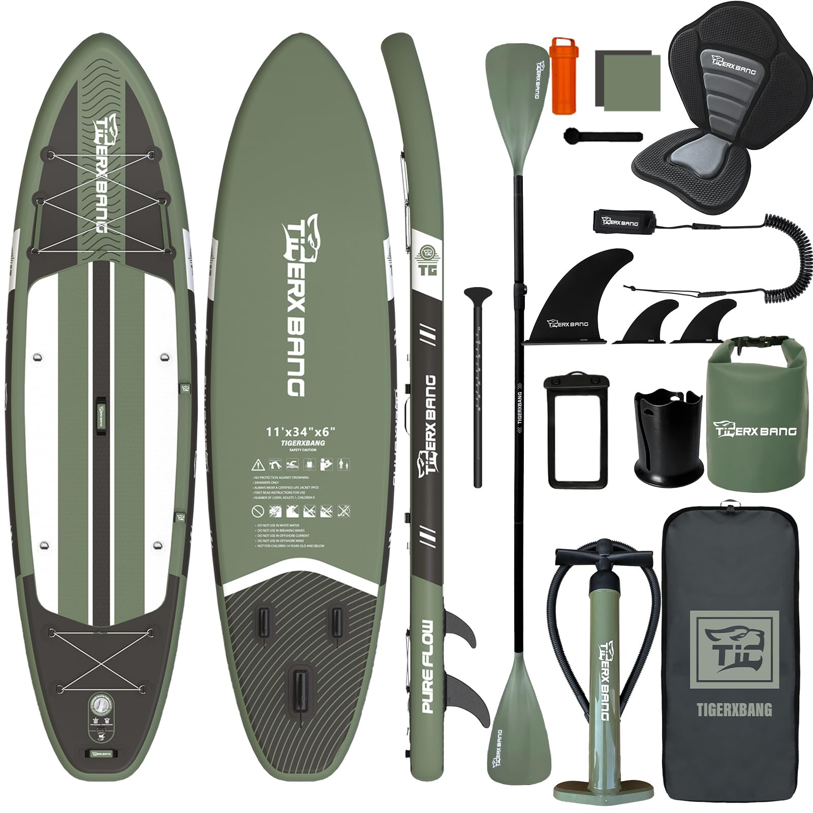 TIGERXBANG Aufblasbares Paddle Board mit Sitz, 335 x 86 x 15 cm Stand Up Paddling Board für Erwachsene/Kinder, Komplettes ISUP-Surf-Set für 2+1 Personen/Familie