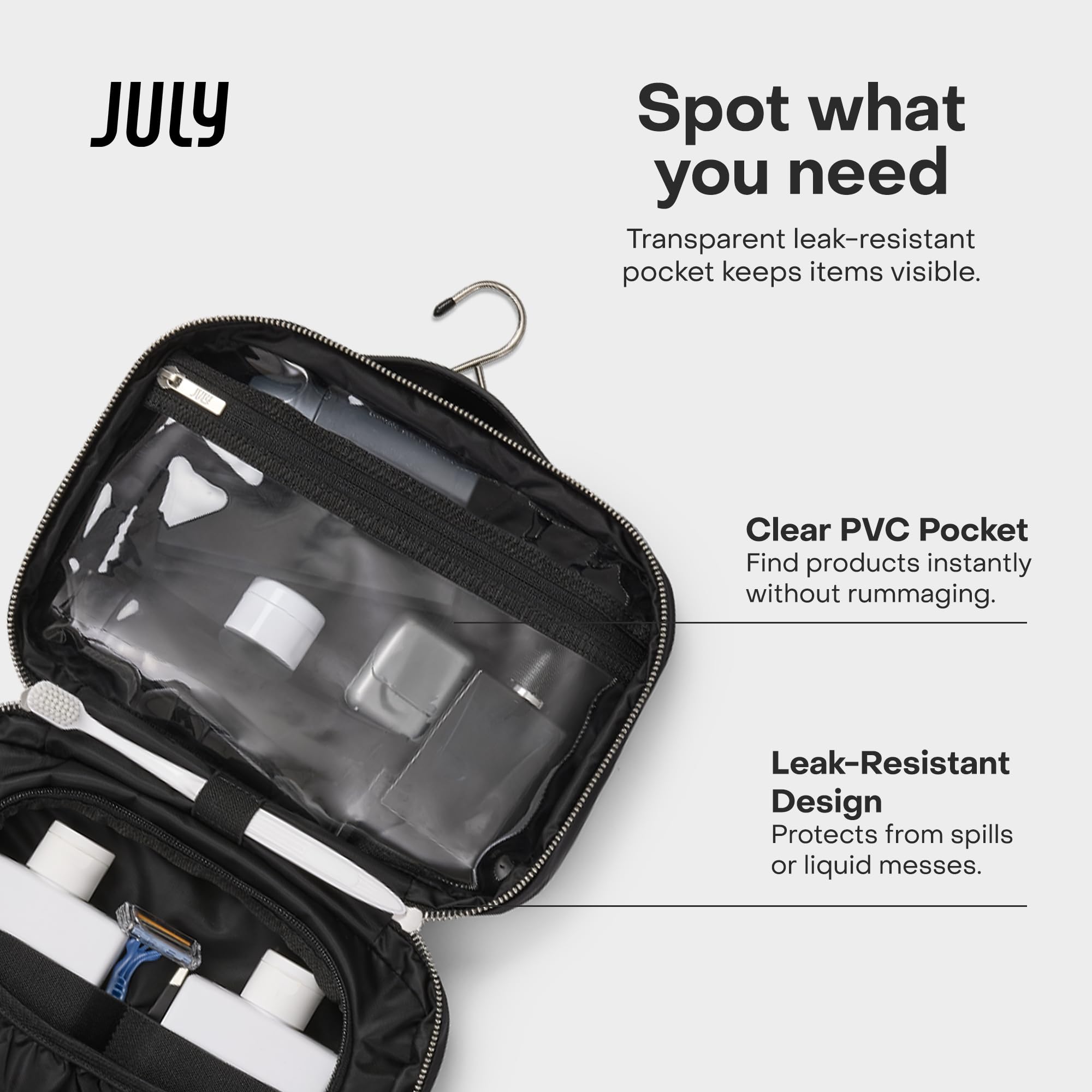 July Kulturbeutel zum Aufhängen mit verstecktem Haken, transparente und auslaufsichere PVC-Tasche, Zahnbürstenlasche, wasserabweisendes Nylon und Lederbesätze – Reiseutensilien-Tasche