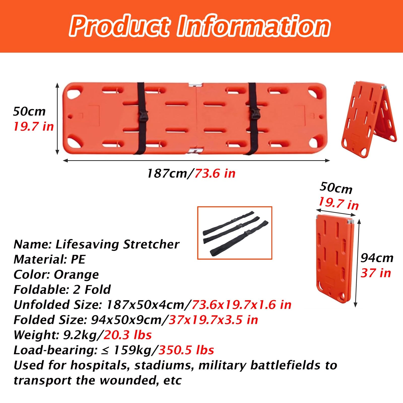 MZZKFC Plastic Spine Board Stretcher, Portable Floating Water Rescue Stretcher with 12 Curved Handles, Beach River Ambulance Stretcher for Lifeguard/Firefighter(2 Fold-73.6inx19.7in(LxW))