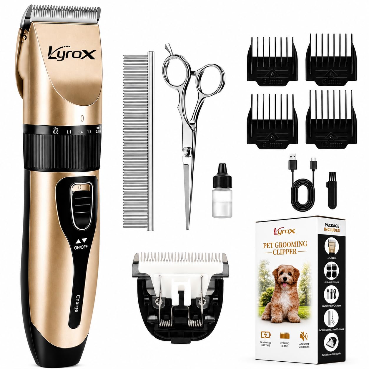 LyroX Pet Grooming Clipper Kit, Rechargable Cordless Low Noise Hair Clipper with Accessories for Dogs, Cat, Horse and Other Pets, Professional Dog Grooming Clipper Suitable for Thick Coats