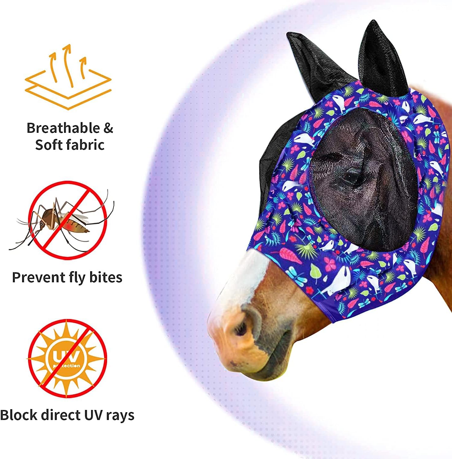 Horse Fly Mask with Ears，BOMCOO Fly Mask with Ears Smooth and Elasticity Fly Mask with UV Protection，Soft Mesh Lycra Fabric(M;Cob) : Pet Supplies