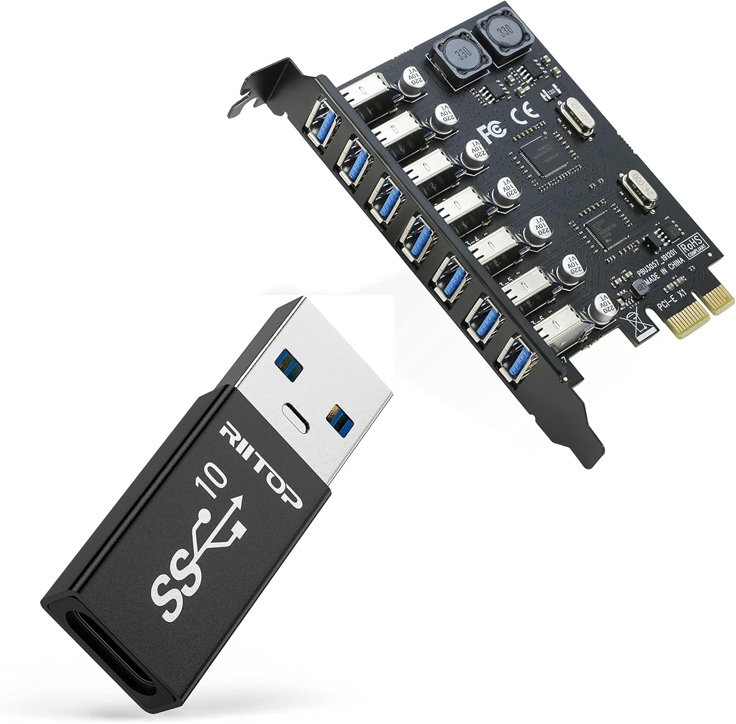 USB 3.0 PCI-e Expansion Card 7Port + RIITOP USB 3.1 A to C Adaptor [Double-Side 10Gbps]