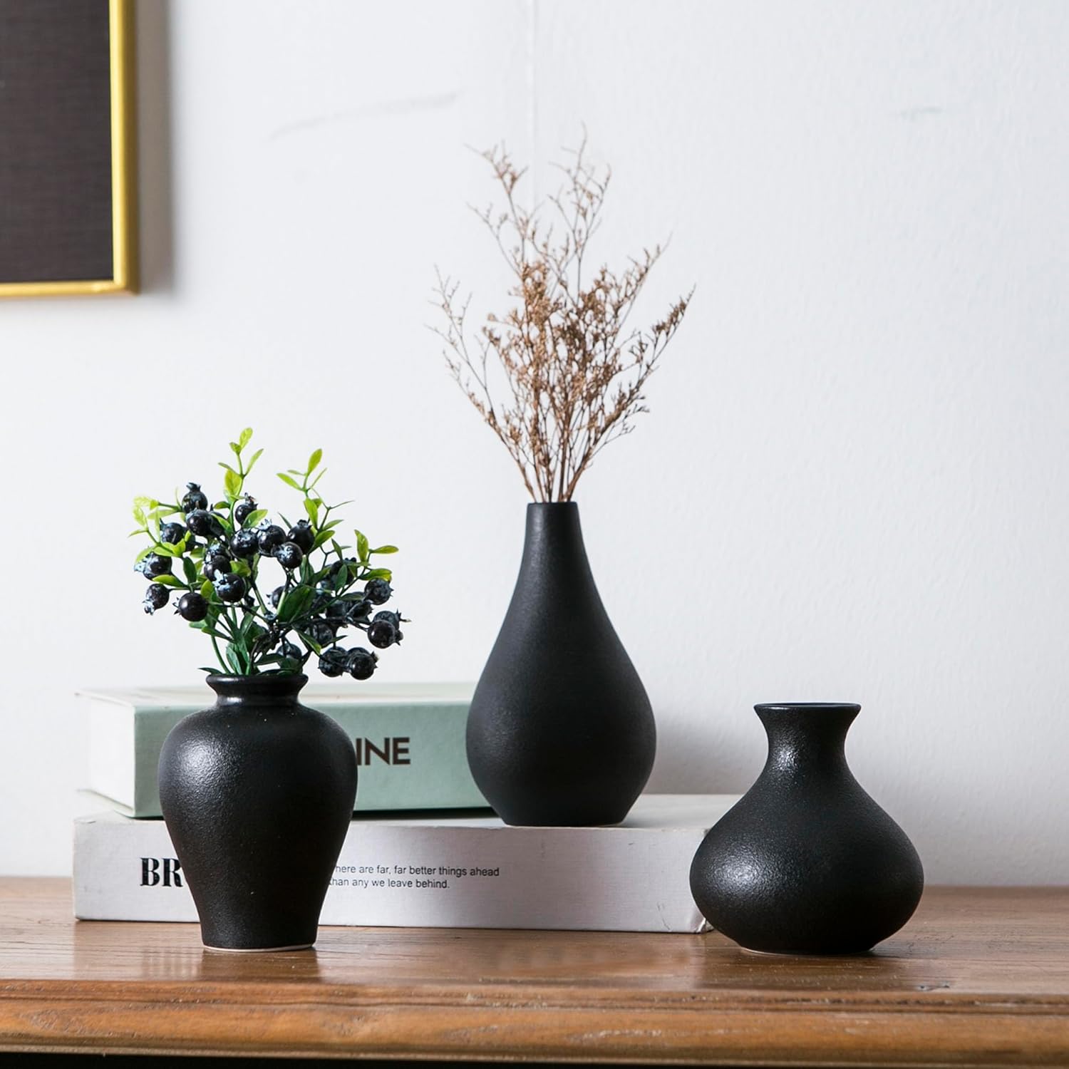 Black Bud Vases, Ceramic Small Vase Set of 5, Mini Vases for Fresh and Dried Flowers, Modern Home Decor, Pottery Centerpiece Table Decorations