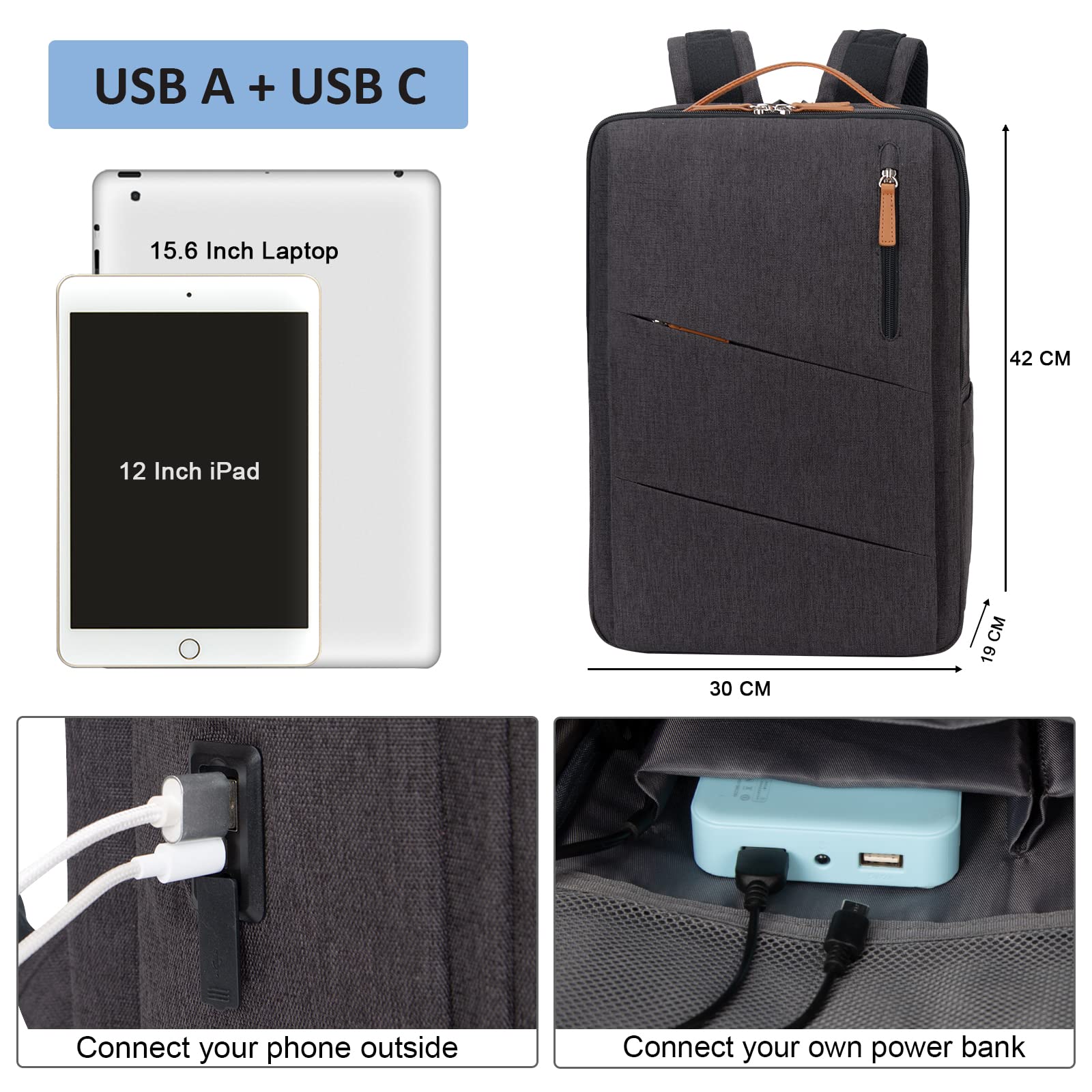 Hp hope Zaino da lavoro per uomo, zaino impermeabile da donna per zaino da scuola per laptop da 15,6 inch con porta di ricarica USB, zainetto antifurto da 22 litri per viaggi di lavoro, escursioni