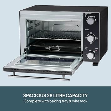Cooks Professional Mini Portable Oven | Electric Multi Function Countertop Cooker | 28L Capacity | Adjustable Temperature Control & Timer | 1500W | Includes Roasting Dish & Wire Rack | Black & Silver