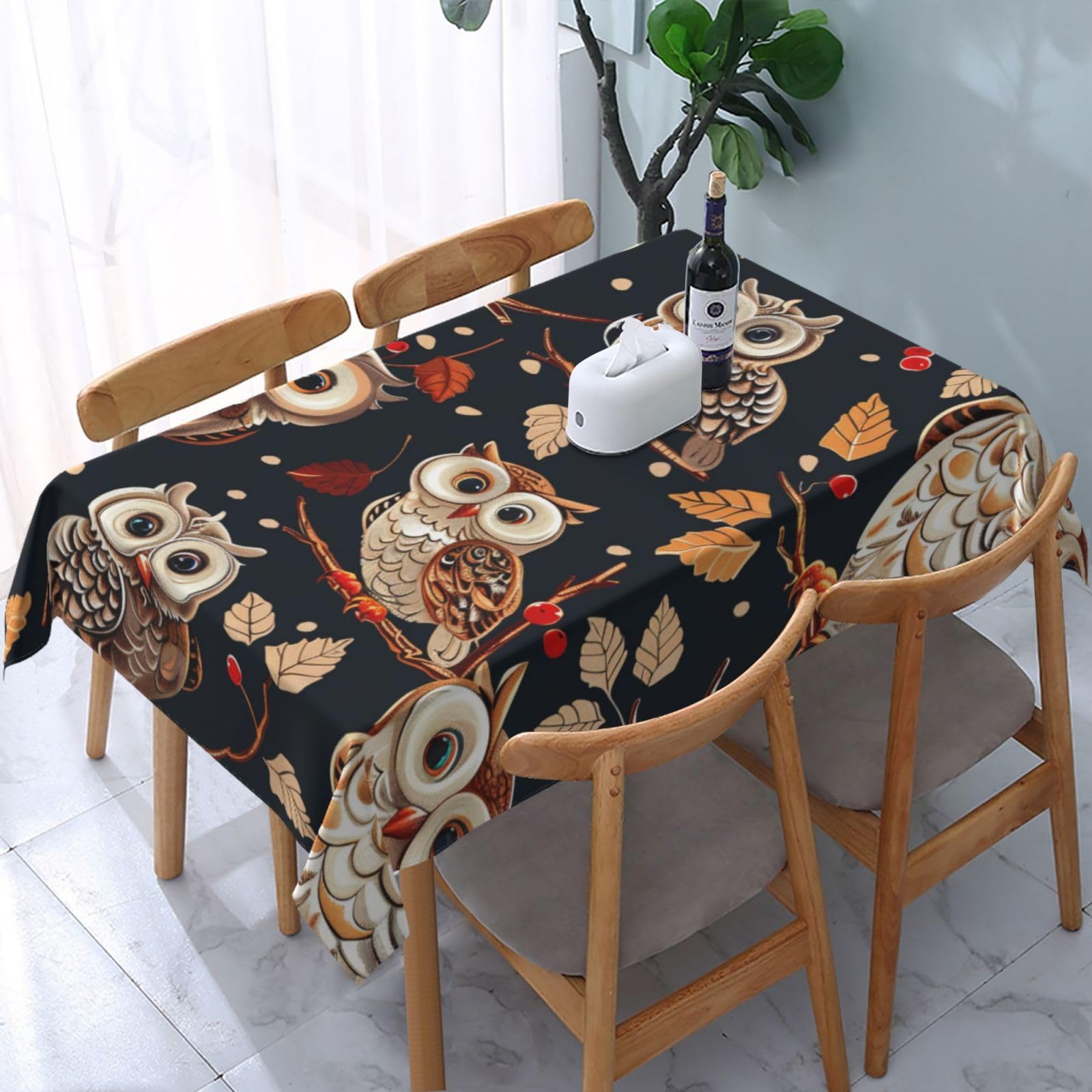 WPKJU Owls on Tree Branche Printed Tablecloth Water Resistant Table Cover Washable Rectangle Table Cloth for Tables 54x72 in