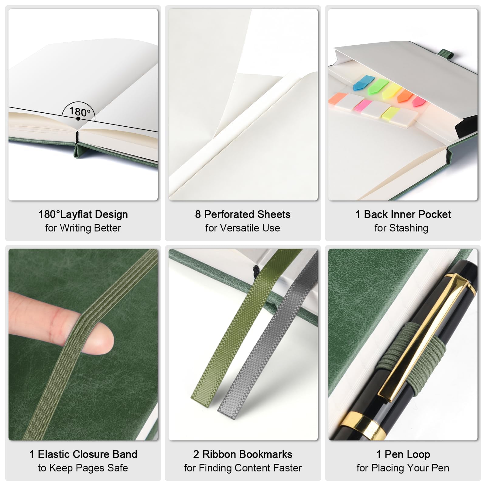 Taccuino vuoto, copertina rigida, 21,6 x 27,9 cm, 320 pagine, senza sbavature, 100 g/m², carta da disegno, scrittura, quaderni sfoderati per lavoro, diario in pelle per donne e uomini, scuola, verde