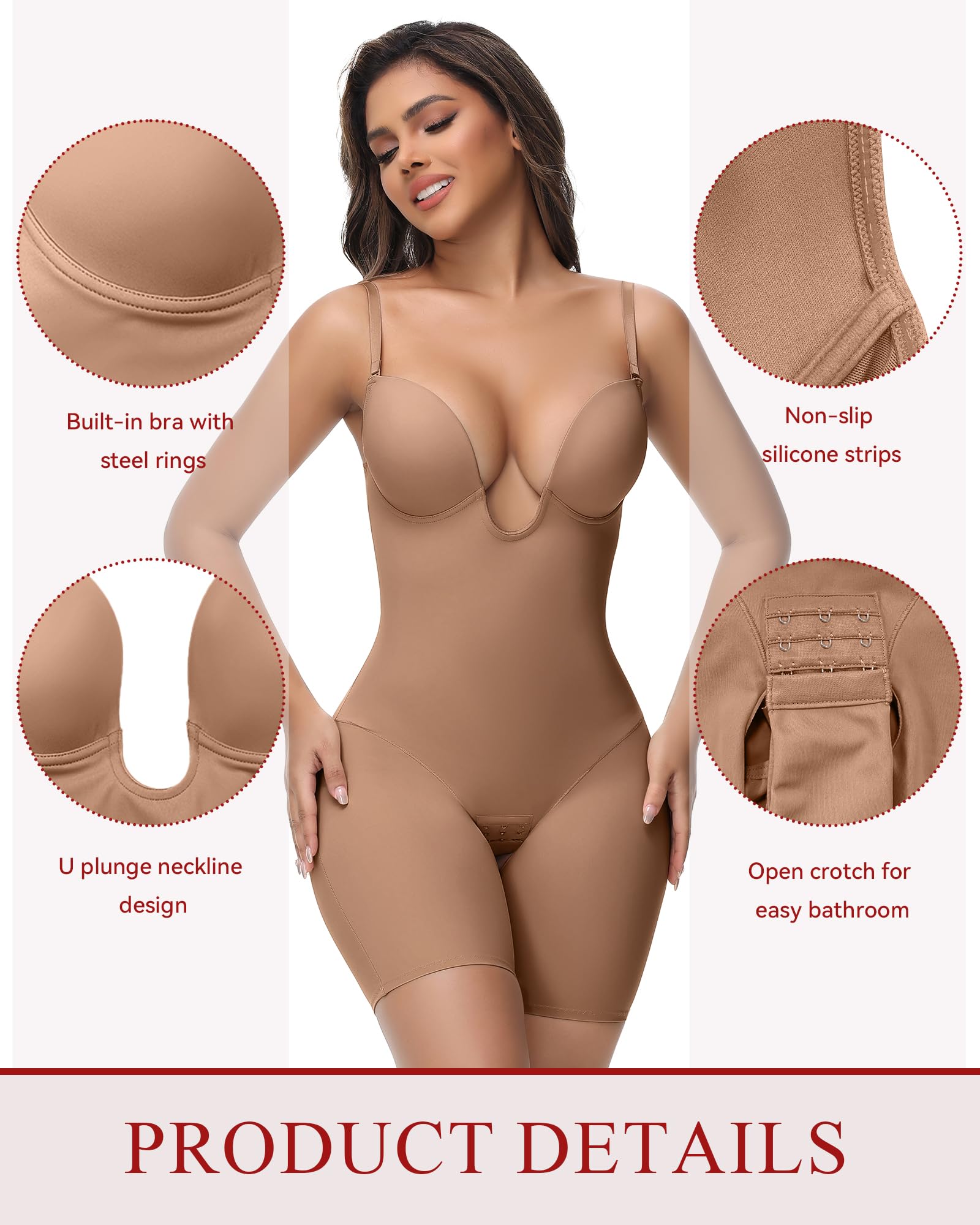 SHAPSHE, Body modellante da donna aperto sulla schiena, senza spalline, con scollo a U profondo, con reggiseno integrato, per il controllo della pancia e per modellare la schiena