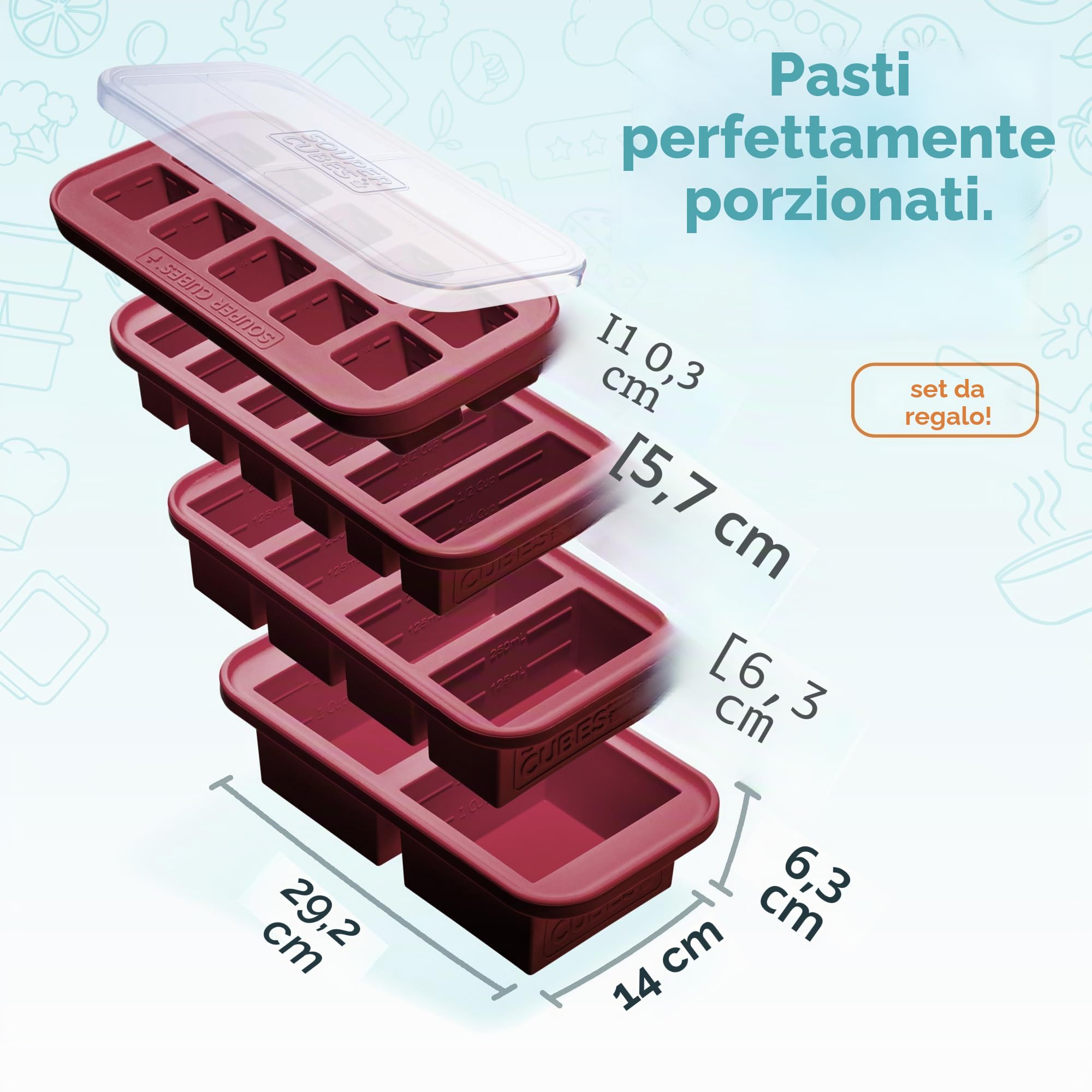 Souper Cubes Set regalo – Set da cucina con 2 cucchiai, 1/2 tazza, 1 tazza e 2 vassoi in silicone per congelatore con coperchi, soluzioni per la preparazione dei pasti e la conservazione della cucina,