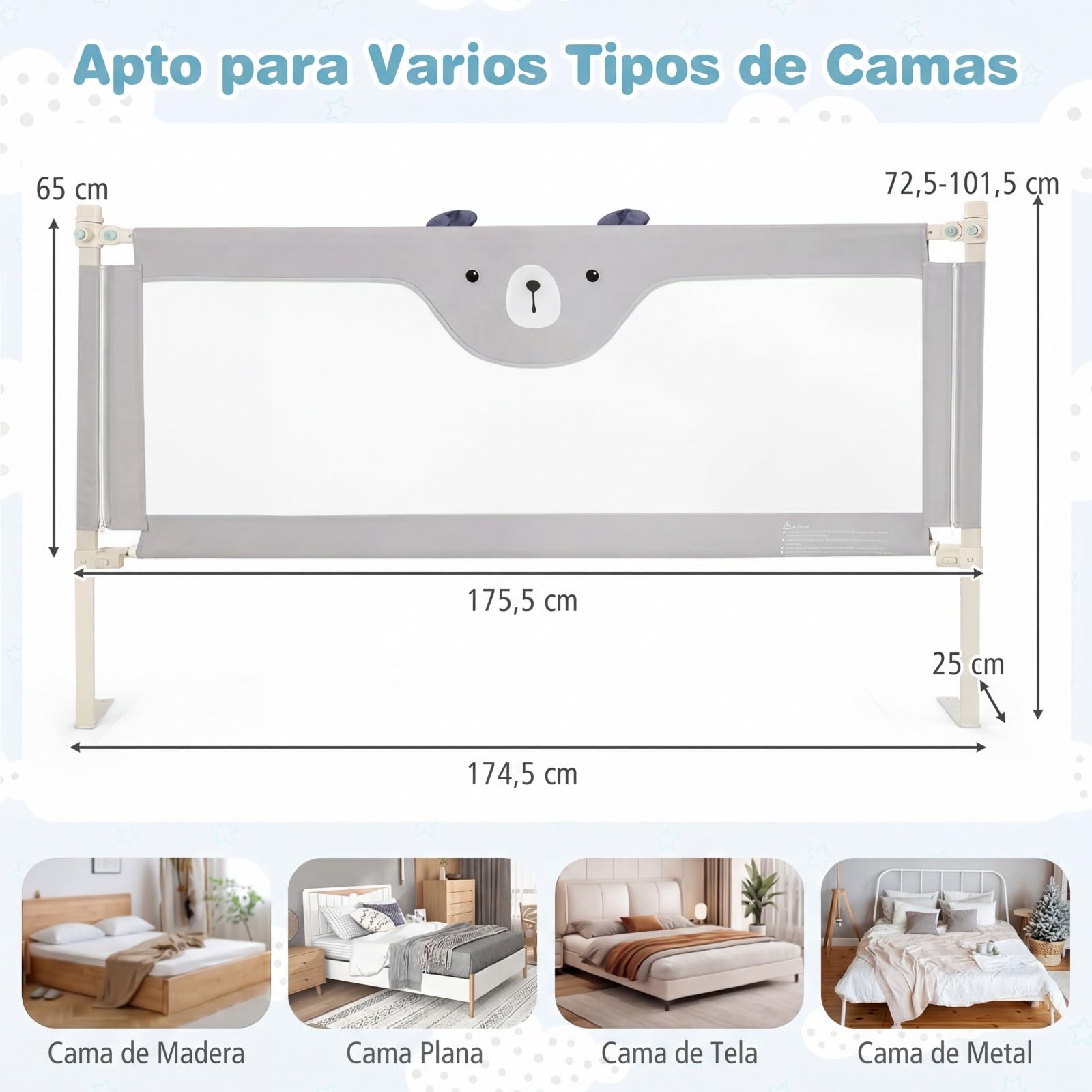 COSTWAY 180 cm Barrera Seguridad Niños, Barrera Cama para Bebé con Cremallera, Altura Regulable 72,5-101,5 cm, Protector de Cama para Niños, Barandilla de Seguridad con Diseño Animado (Estilo 2)
