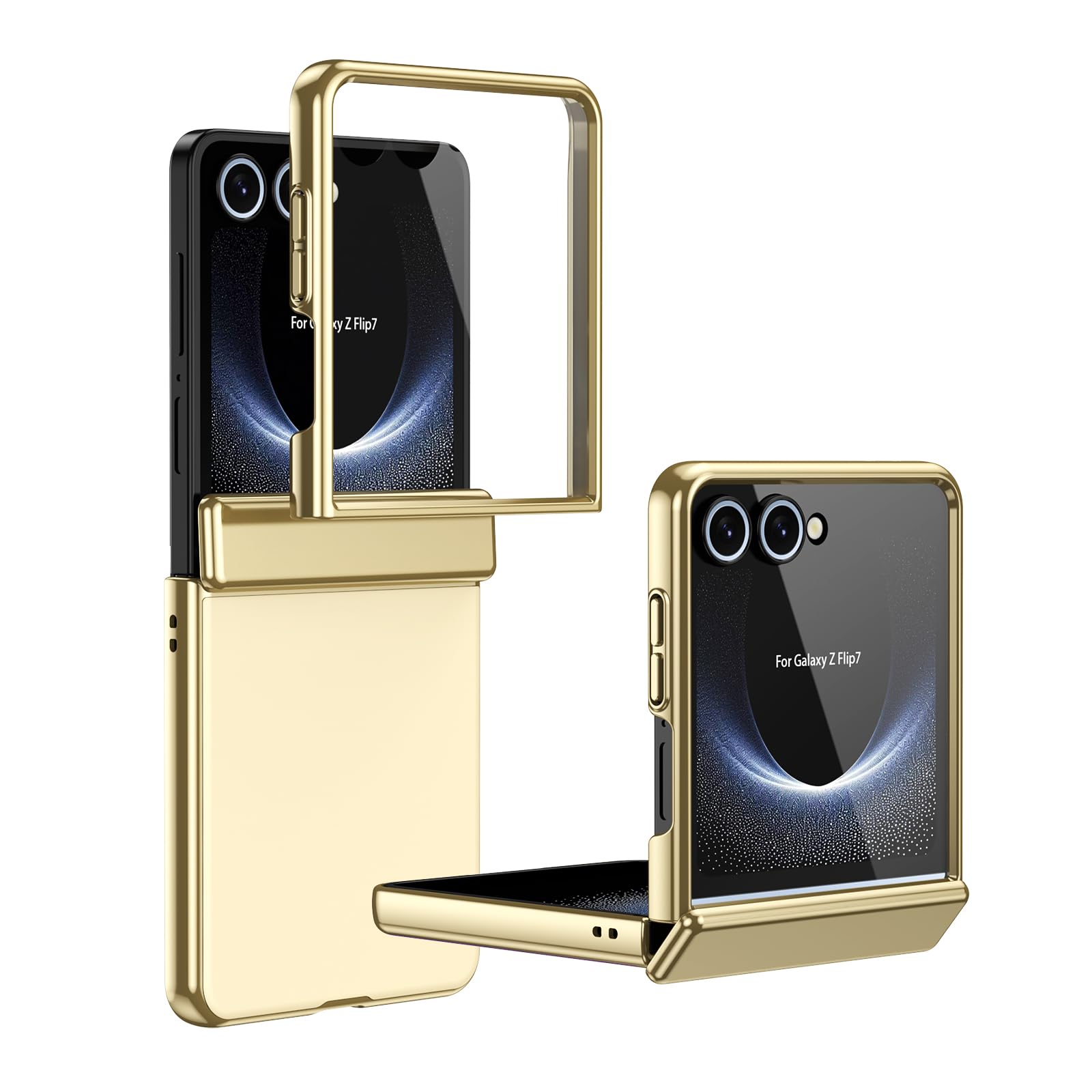 COQUE Funda para Samsung Flip 7,Carcasa con película Protectora integrada, bisagra Dorada galvanizada, Cubierta Completa,Funda Plegable para Samsung Galaxy Z Flip 7 5G-Dorado