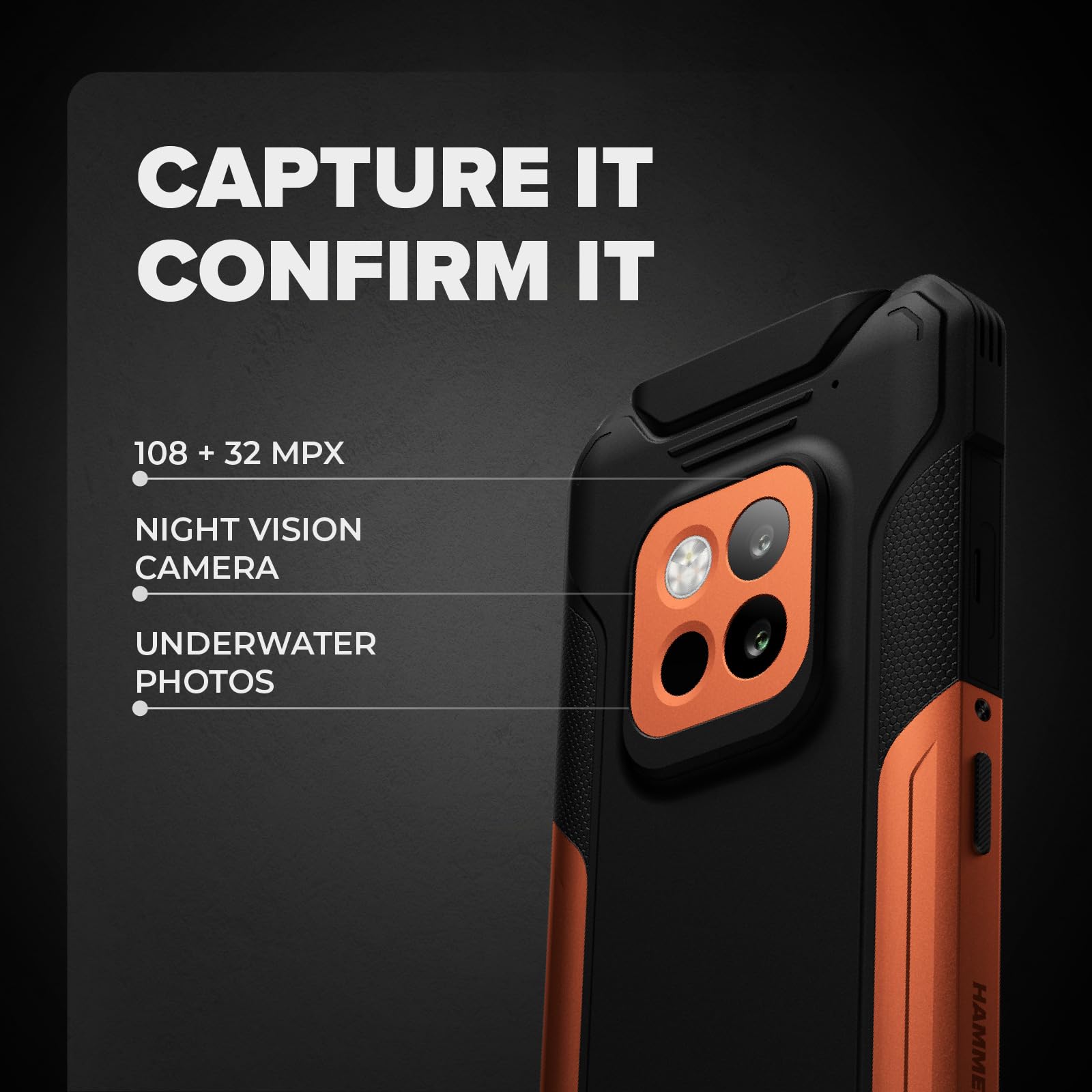 Hammer Construction 2 Thermal smartphone ultra-robusto IP69 con termometro e telemetro laser, 8+8 GB RAM, Android 14, potente fotocamera da 108 MP, batteria 6500 mAh con funzione power bank, 256gb/1T