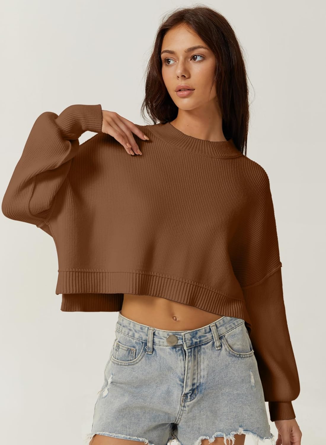 QINSEN Women's Mock Neck Cropped Sweater Long Sleeve Drop Shouler Oversized Knit Pullover Tops - Image 3