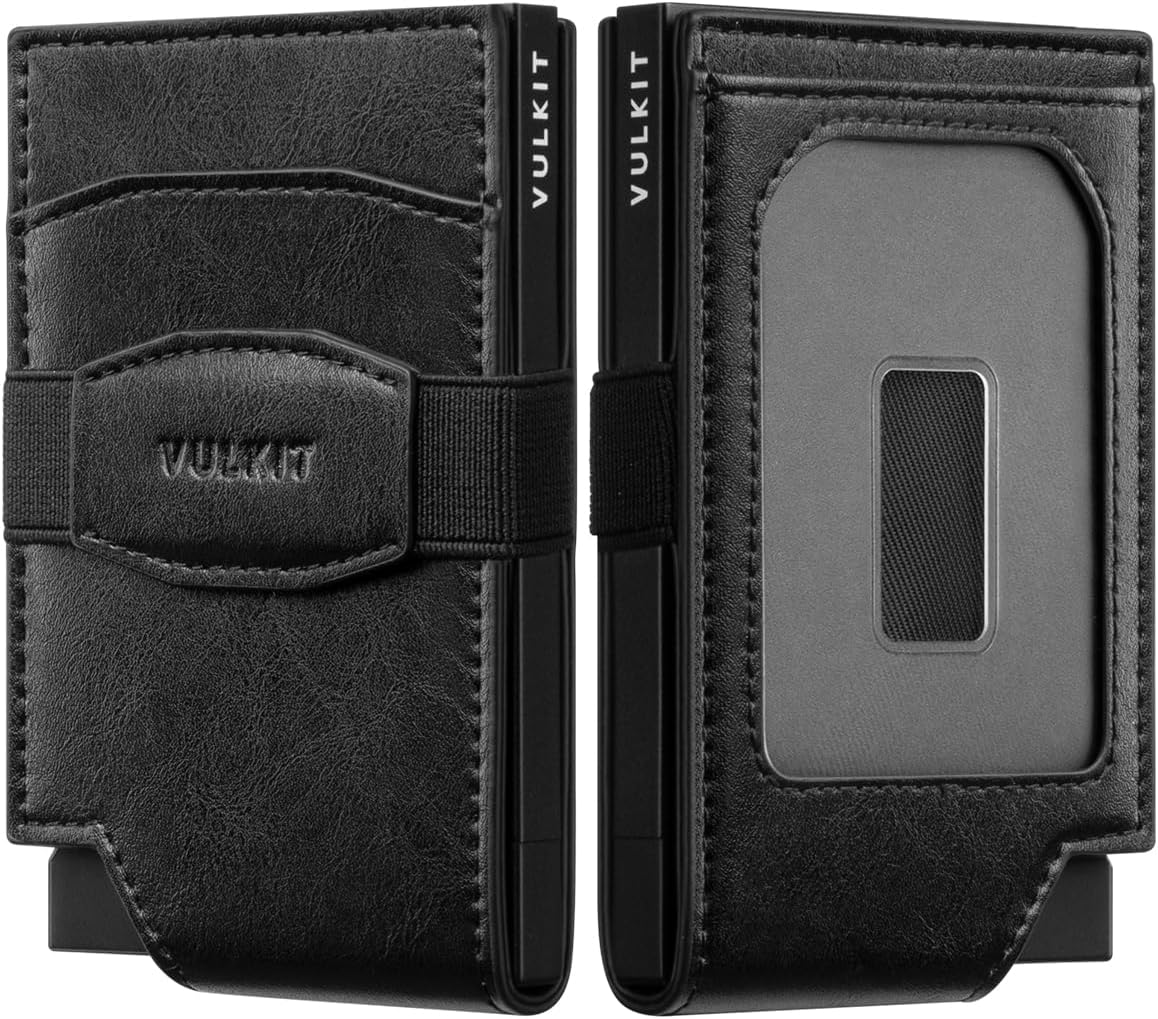 VULKIT Pop up Card Wallet with Money Strap Leather Front Pocket Card Holder with ID Window RFID Blocking Business Card Case for Men (Black)