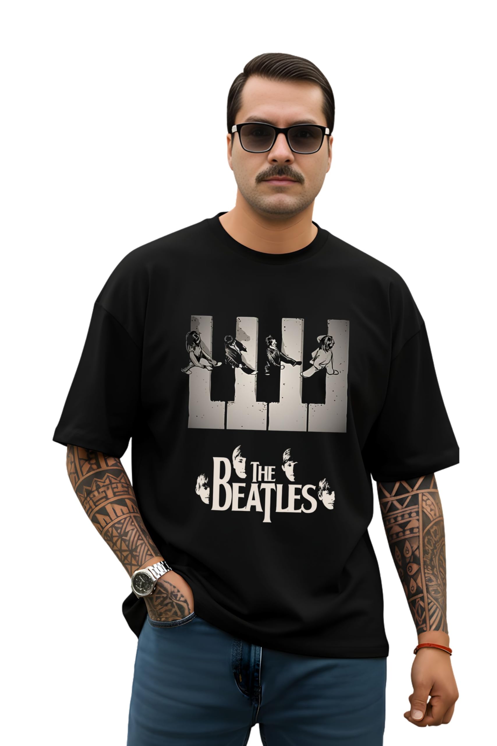 Rock Band The Beatles Printed Drop Shoulder T-Shirt, Unisex Cotton Graphic Tee, Half Sleeve Crew Neck, Relaxed Fit, Black-image-9