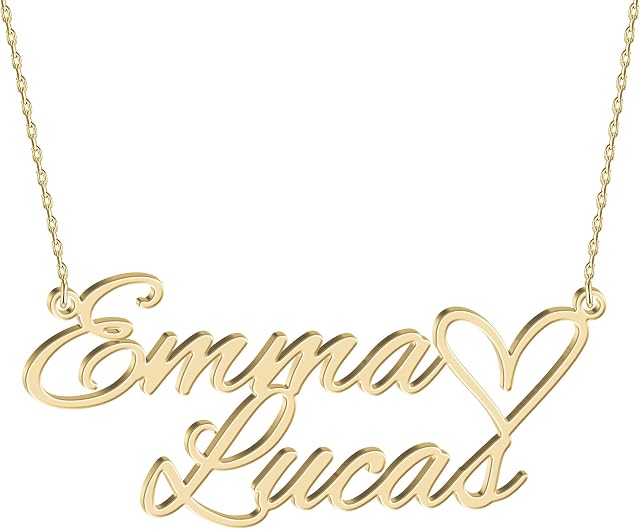 JOELLE JEWELRY Personalised Two Name Necklace with Heart 18K Gold Plated Silver Custom Script Nameplate Pendant Jewellry Birthday for Women Girl Teenage Bridesmaid