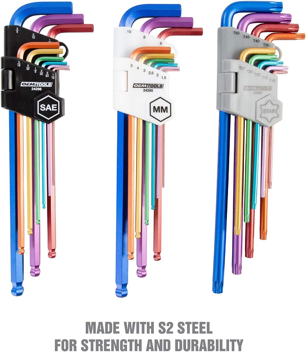 OEMTOOLS 24299 Professional Color Coded Extra Long Star and Hex Key Set, 27 Piece Star, SAE, and Metric Allen Key Set, Easily Access Hard-to-Reach Spots