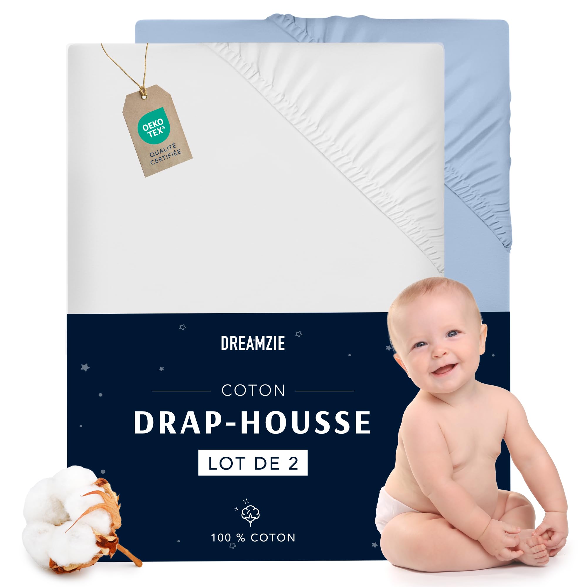 Dreamzie Set of 2 Jersey Cotton Fitted Sheets - For Mattress Set of 2 (60 x 120 x 12 cm), for Baby Bed, Certified Free from Chemical Products (OEKO TEX), White and Blue, Fitted Sheets with Elastic — image 1